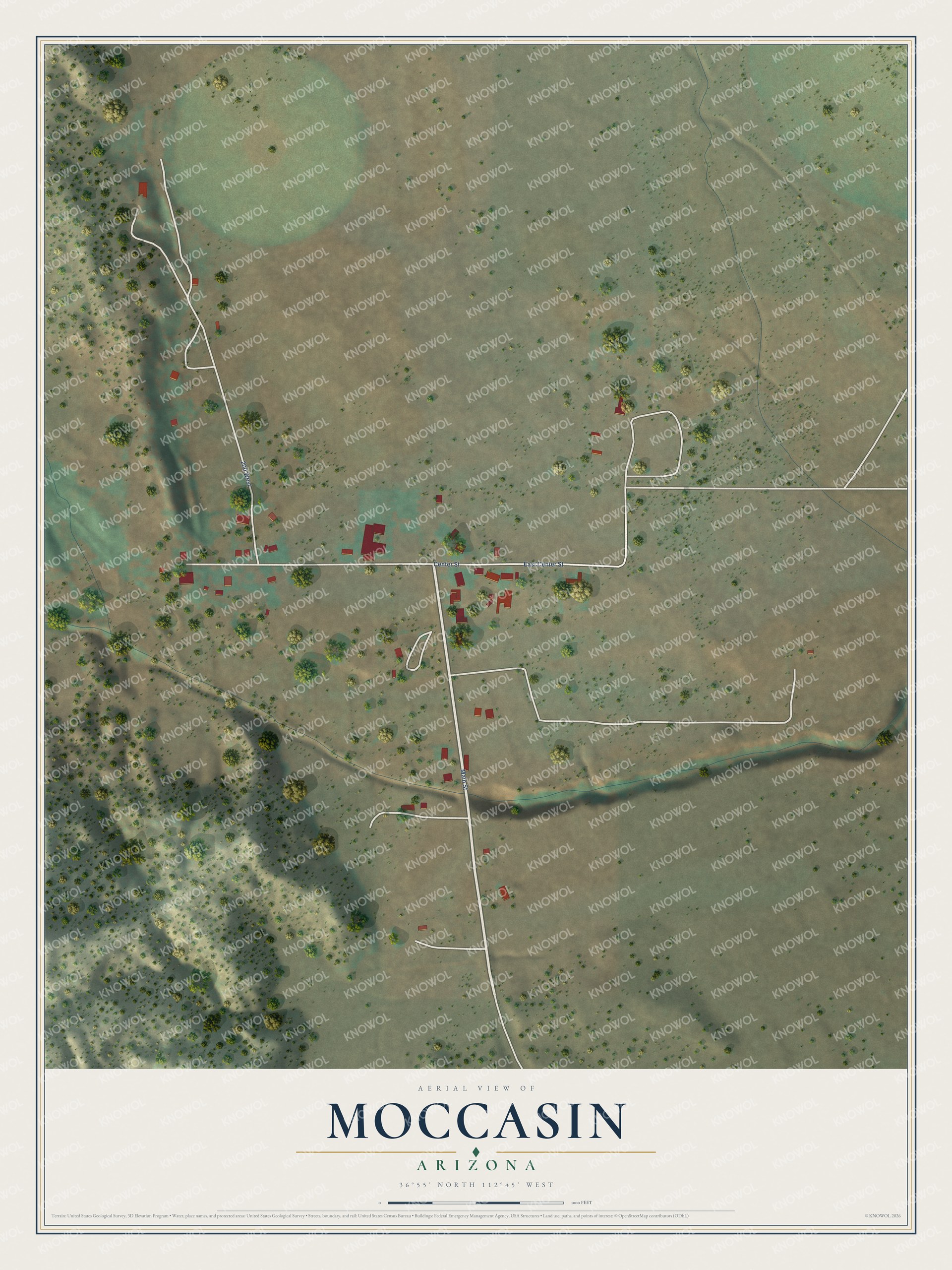 Full map of Moccasin, Arizona, with red buildings, printed street names and the land around them