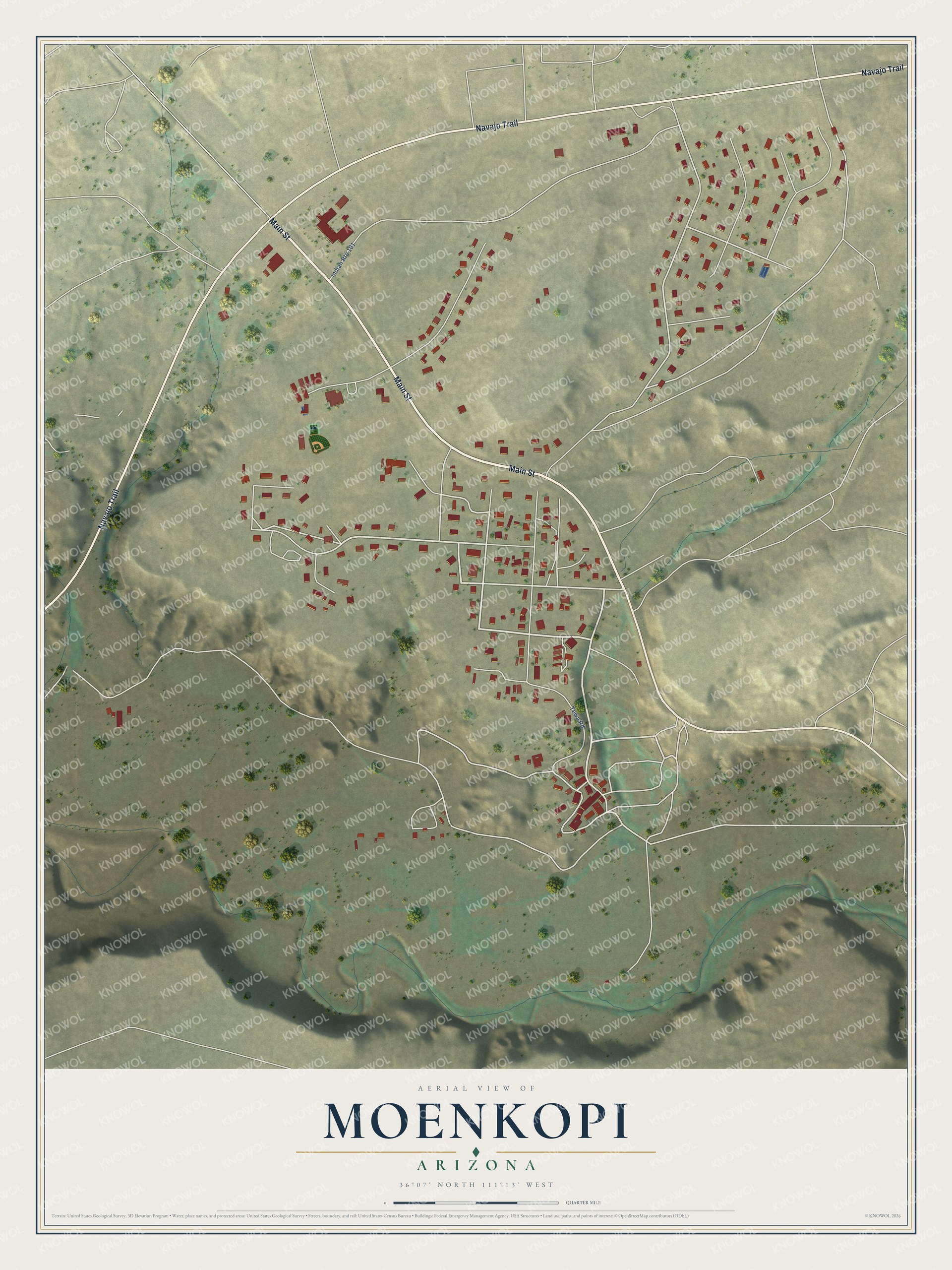 Full map of Moenkopi, Arizona, with red buildings, printed street names and the land around them