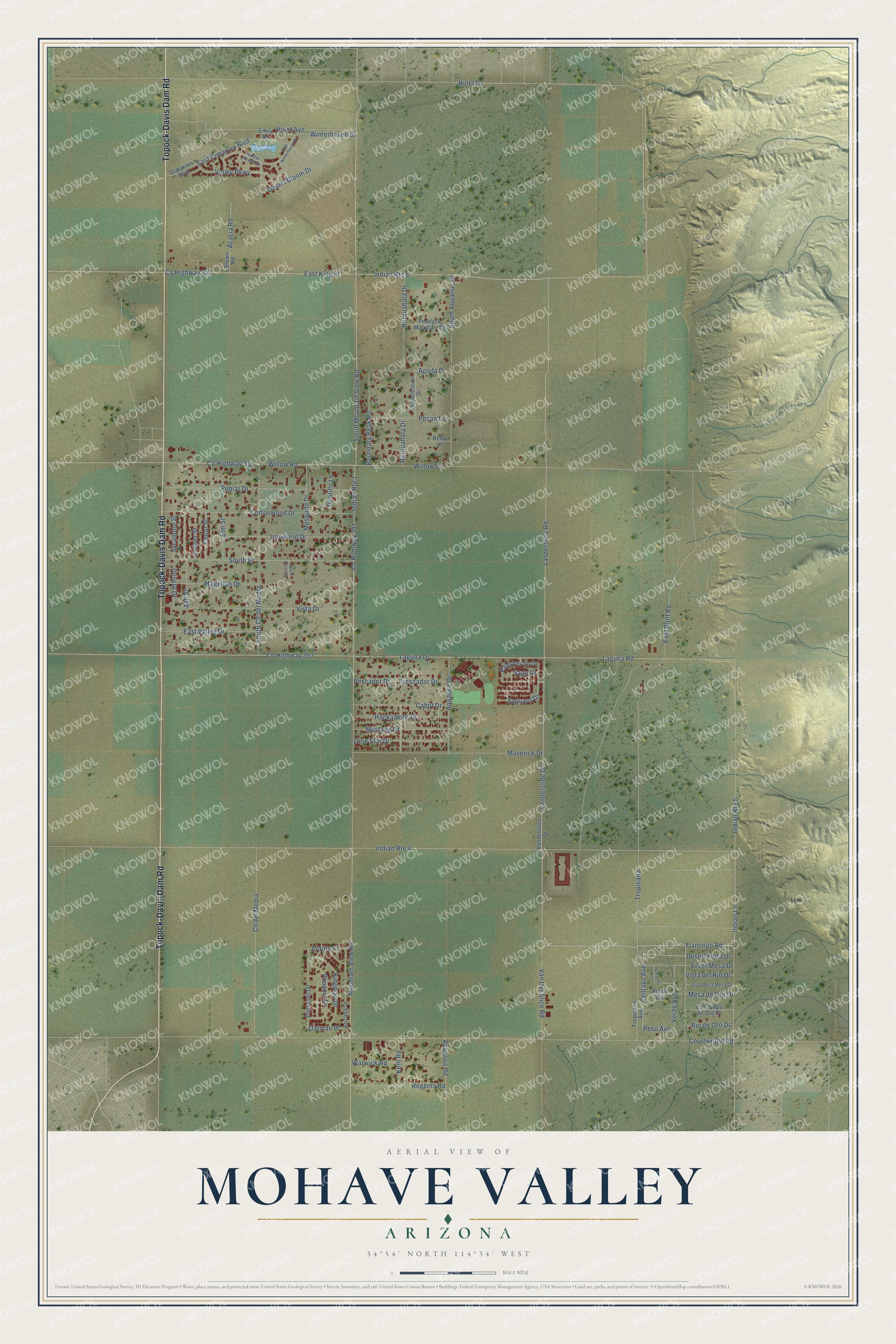 Full map of Mohave Valley, Arizona, with red buildings, printed street names and the land around them
