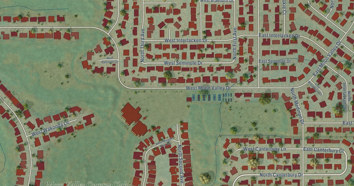 Close-up of streets and buildings in Moon Valley, Arizona