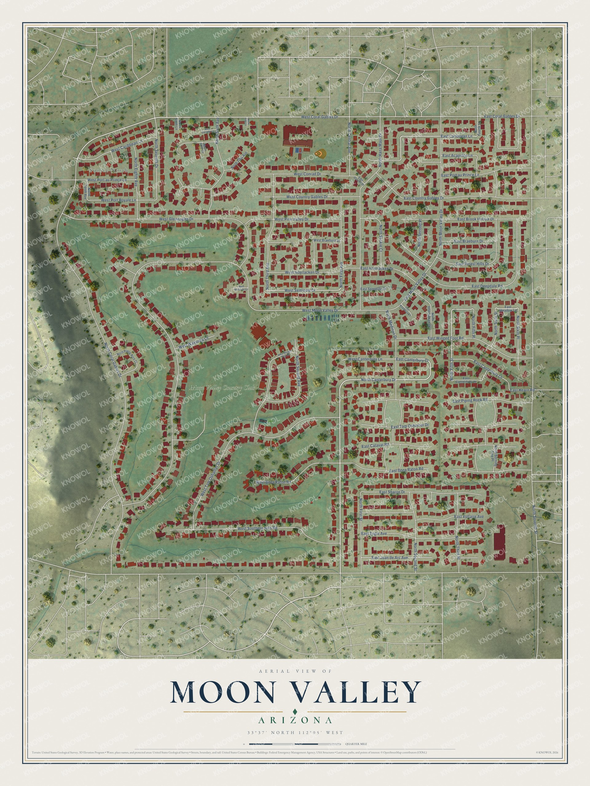Full map of Moon Valley, Arizona, with red buildings, printed street names and the land around them