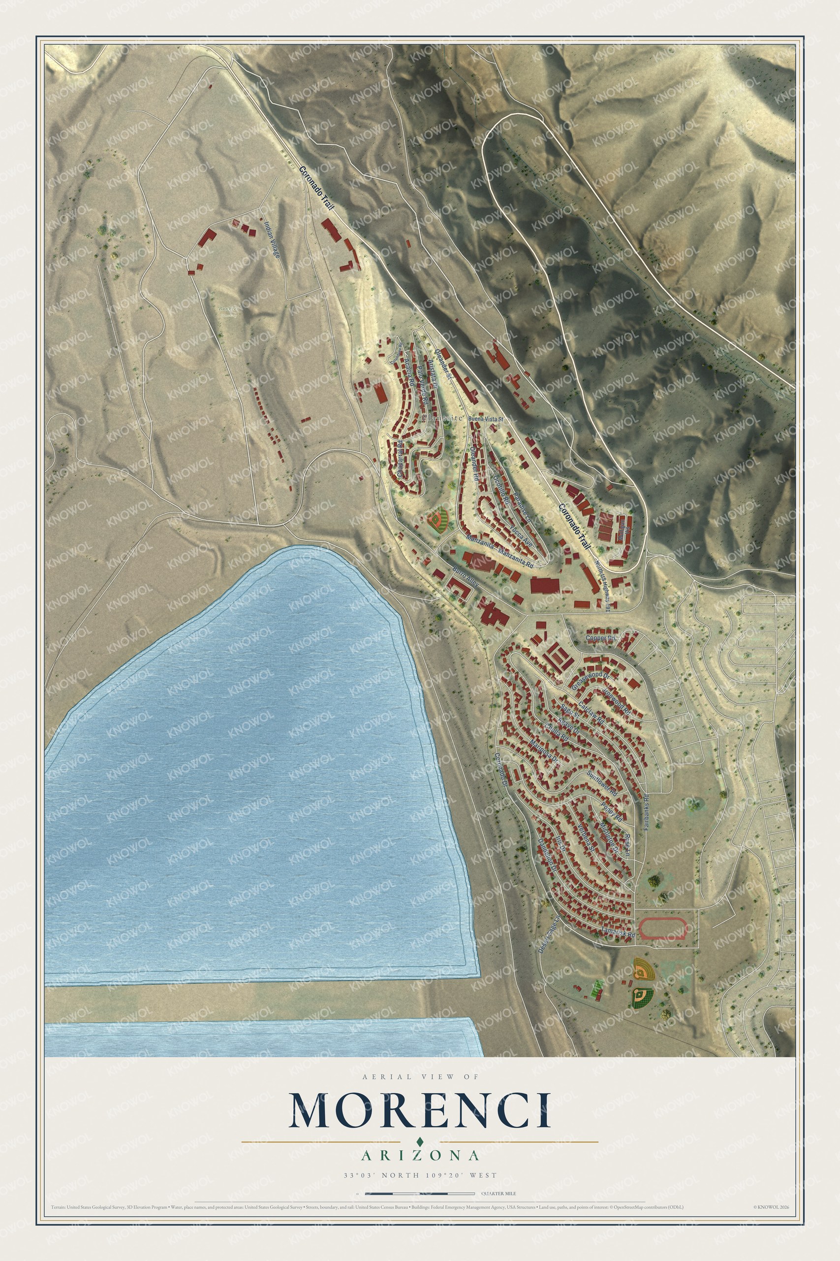 Full map of Morenci, Arizona, with red buildings, printed street names and the land around them