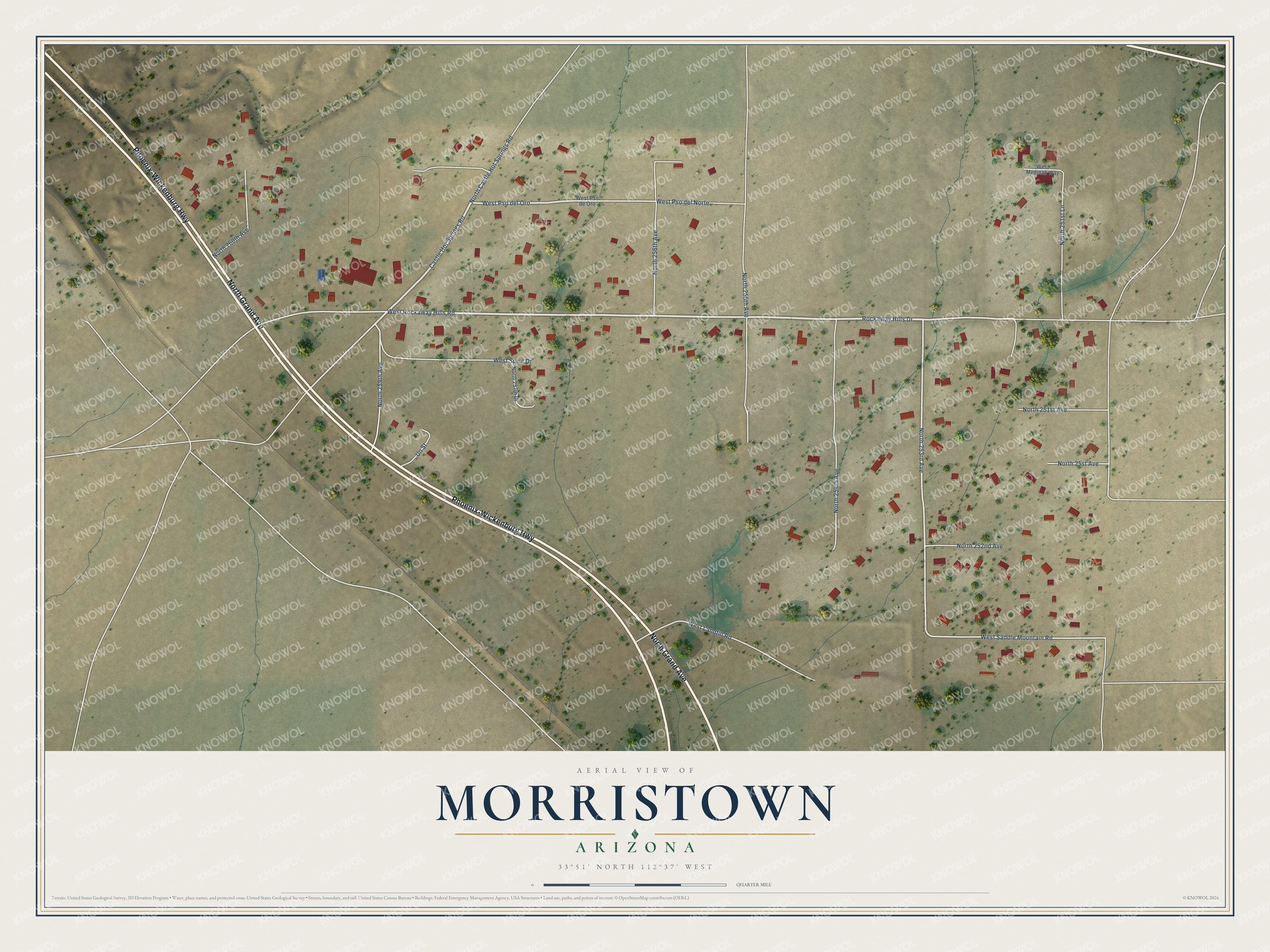 Full map of Morristown, Arizona, with red buildings, printed street names and the land around them
