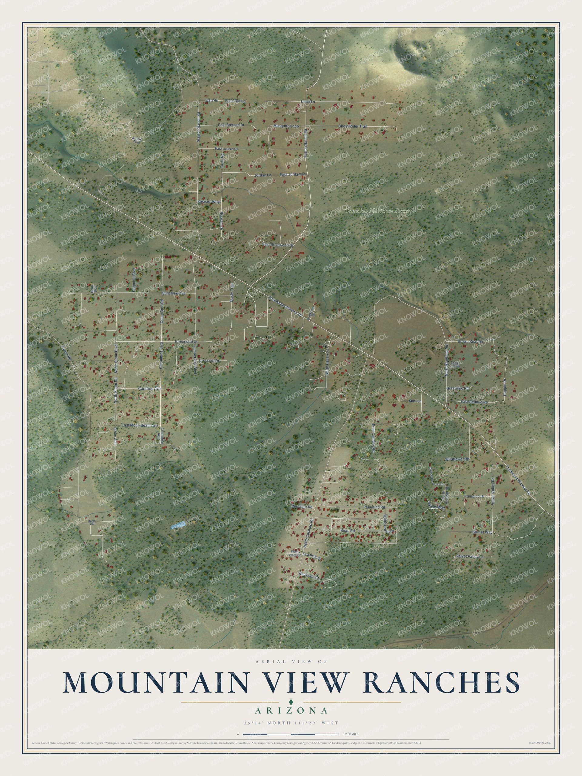 Full map of Mountain View Ranches, Arizona, with red buildings, printed street names and the land around them