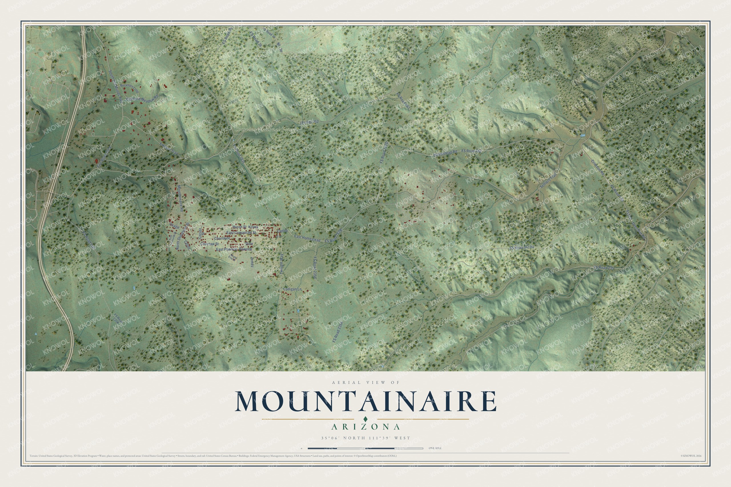 Full map of Mountainaire, Arizona, with red buildings, printed street names and the land around them