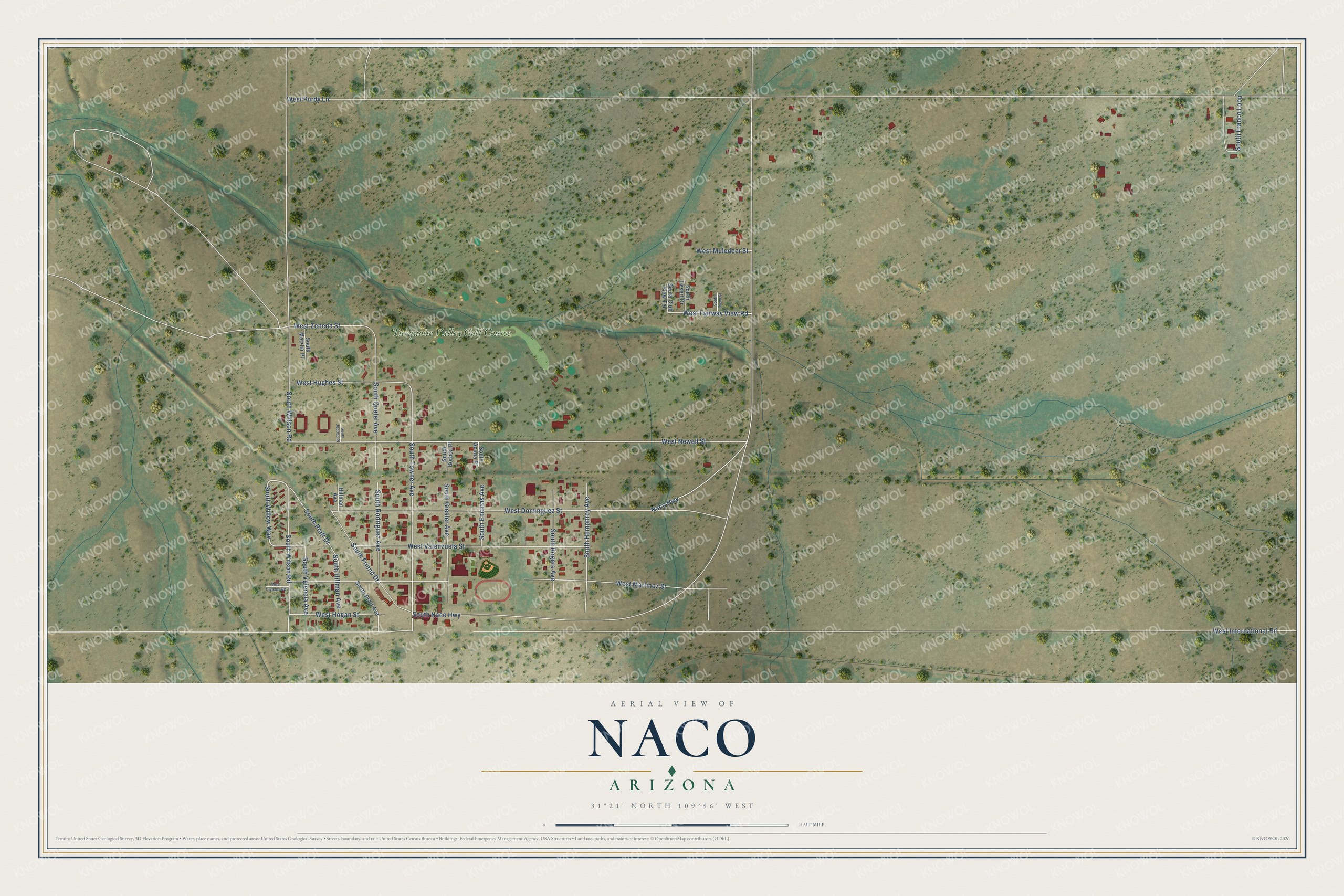 Full map of Naco, Arizona, with red buildings, printed street names and the land around them