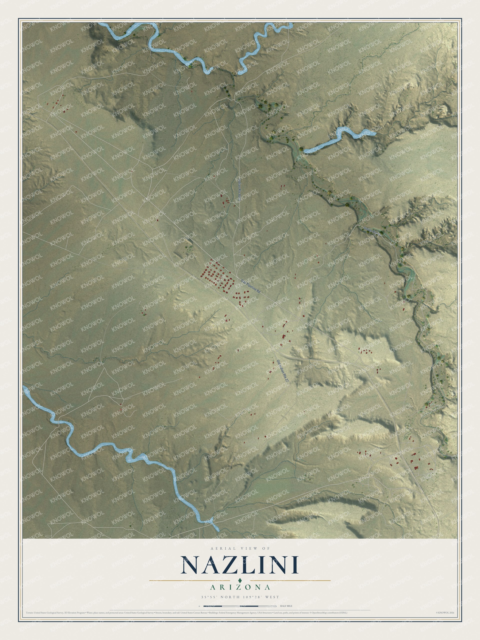 Full map of Nazlini, Arizona, with red buildings, printed street names and the land around them