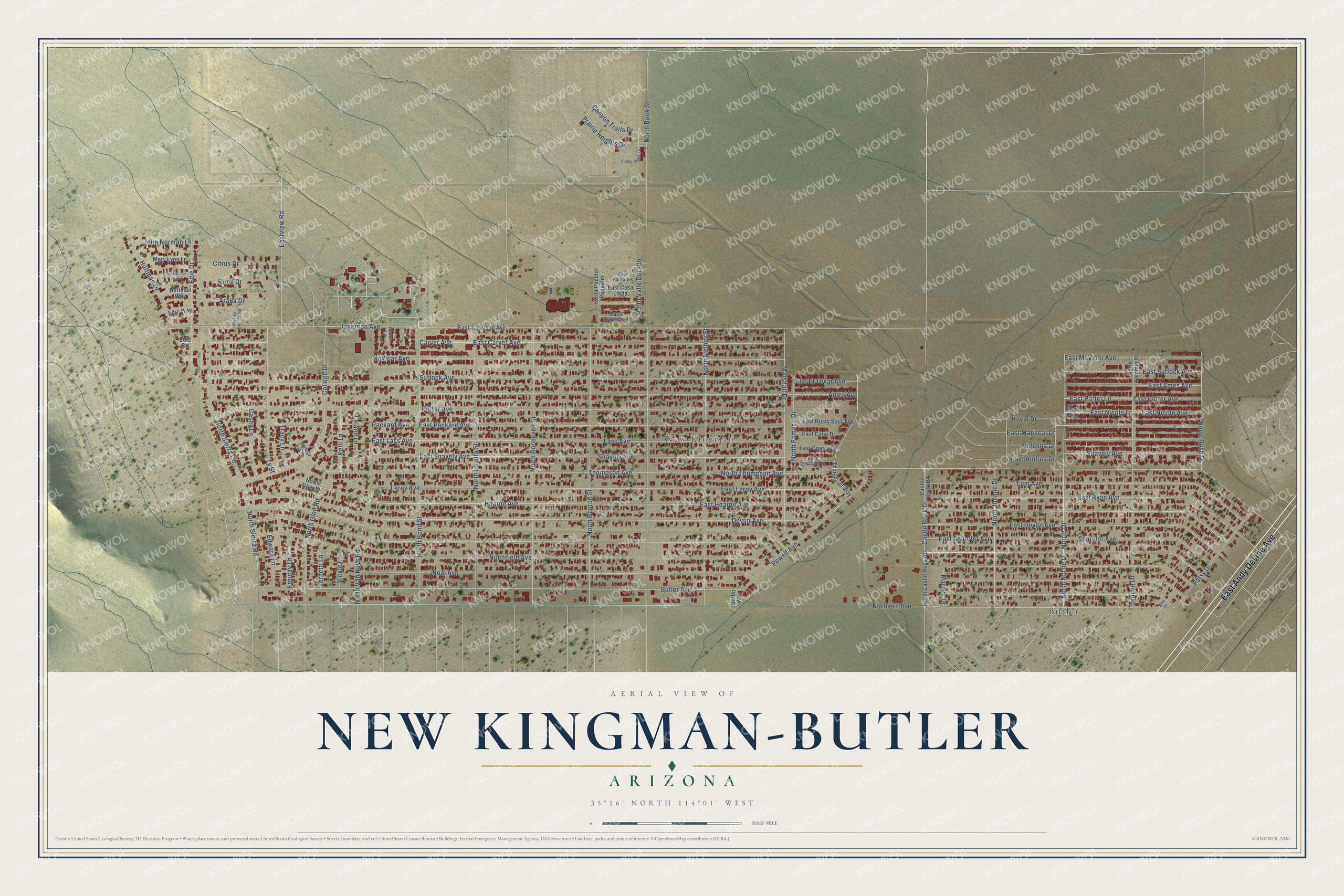 Full map of New Kingman-Butler, Arizona, with red buildings, printed street names and the land around them