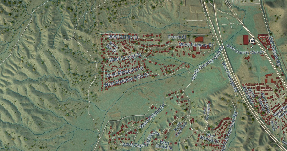 Close-up of streets and buildings in Nogales, Arizona