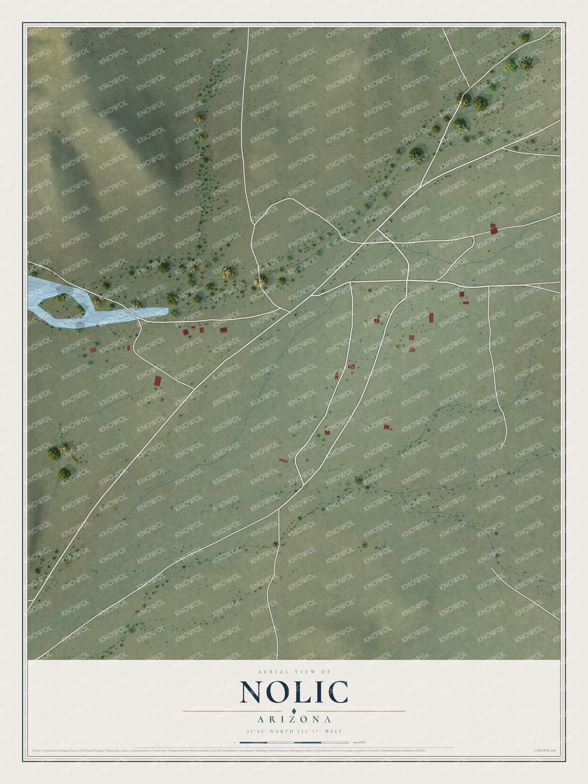 Full map of Nolic, Arizona, with red buildings, printed street names and the land around them