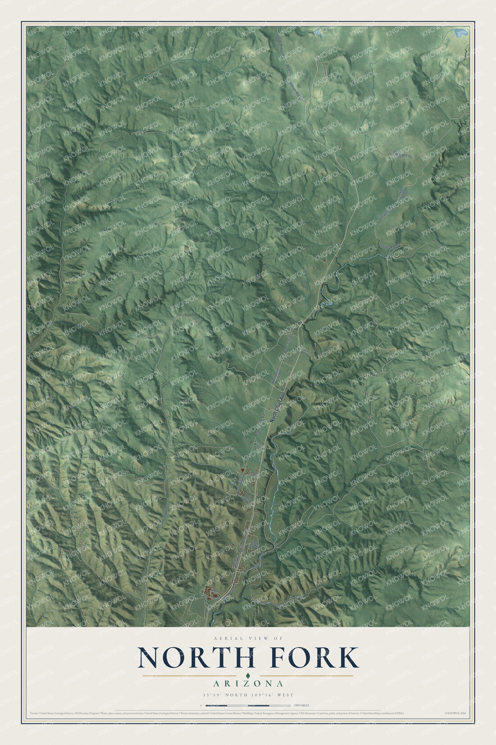 Full map of North Fork, Arizona, with red buildings, printed street names and the land around them