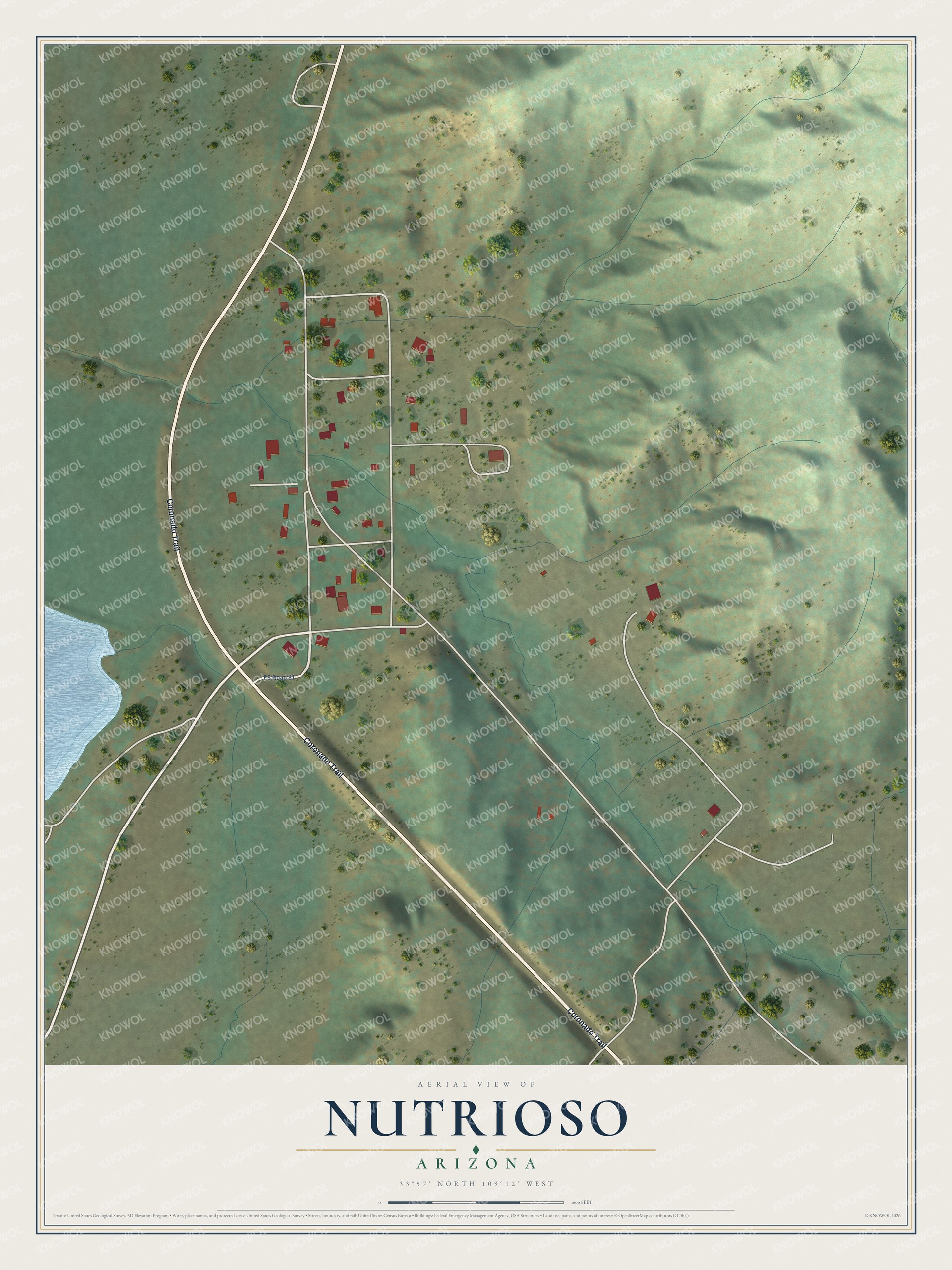 Full map of Nutrioso, Arizona, with red buildings, printed street names and the land around them