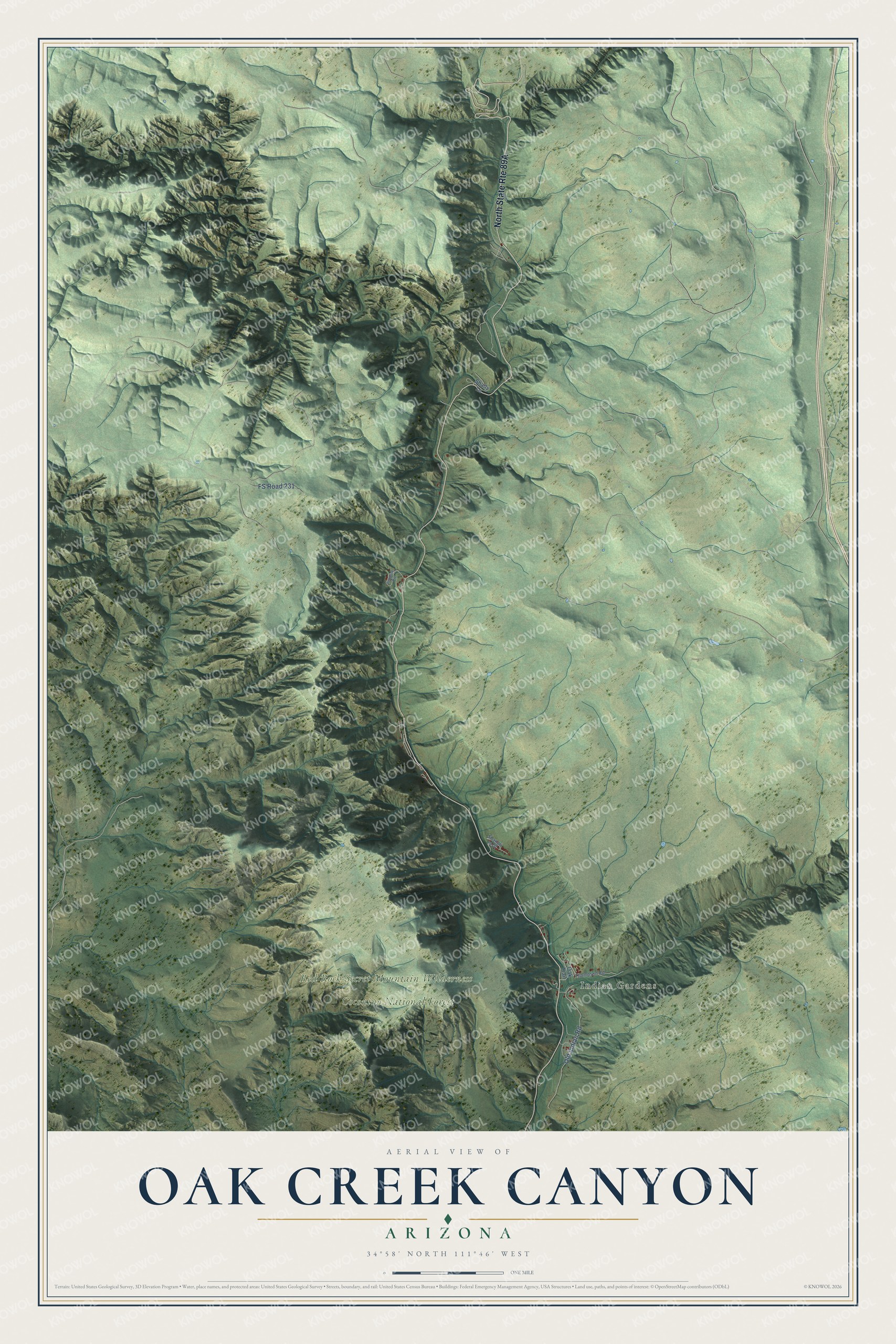 Full map of Oak Creek Canyon, Arizona, with red buildings, printed street names and the land around them