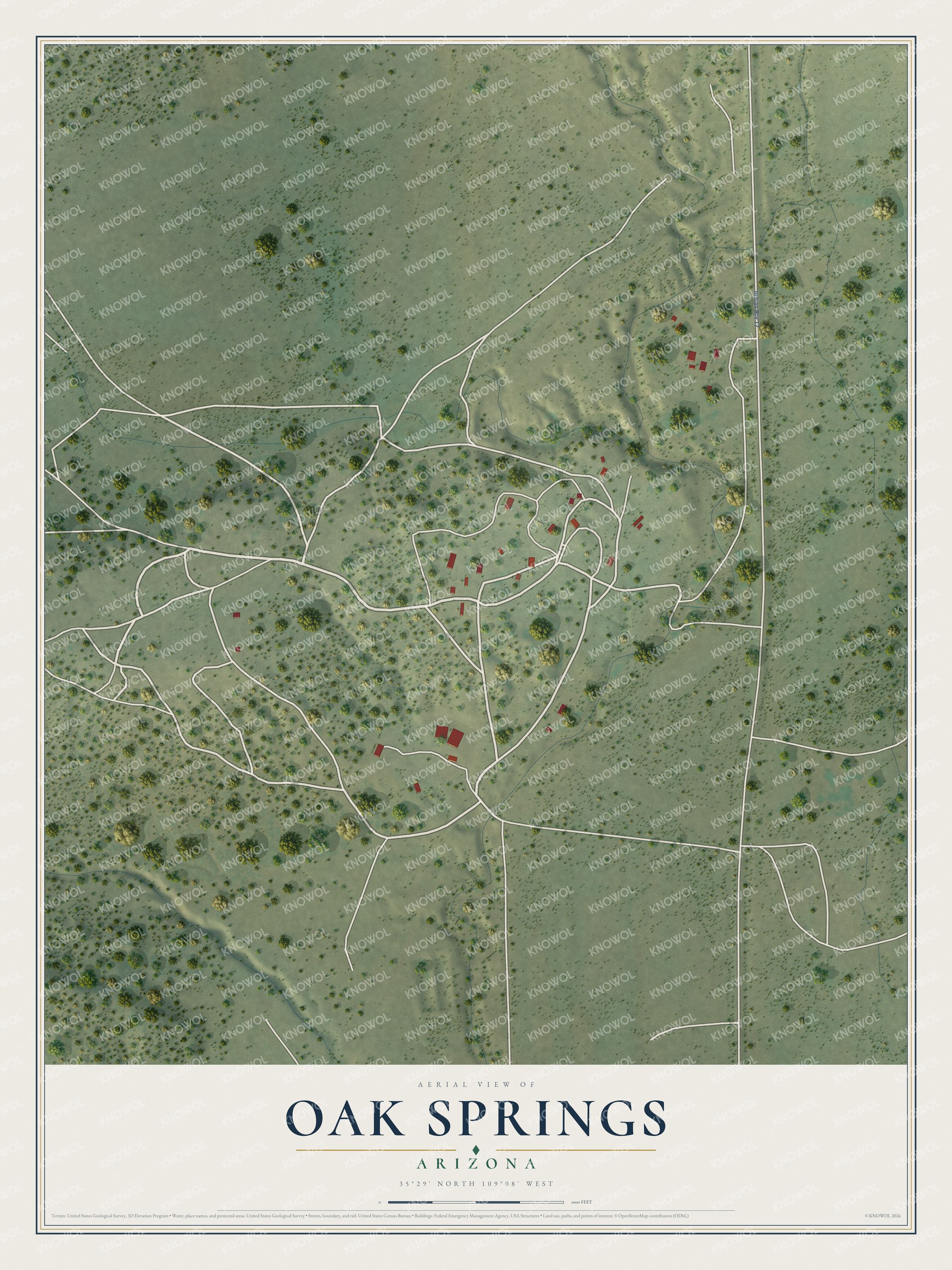 Full map of Oak Springs, Arizona, with red buildings, printed street names and the land around them