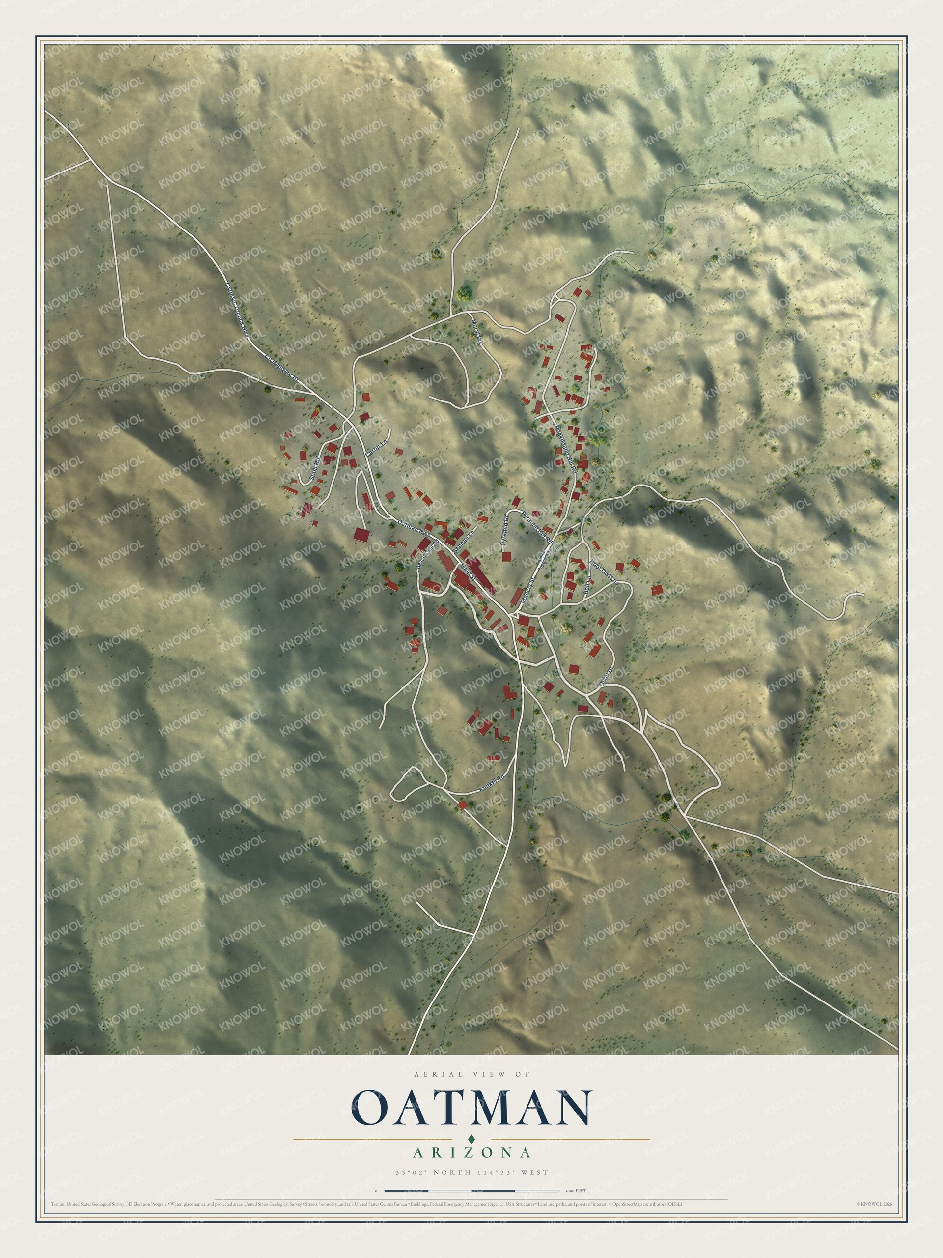 Full map of Oatman, Arizona, with red buildings, printed street names and the land around them