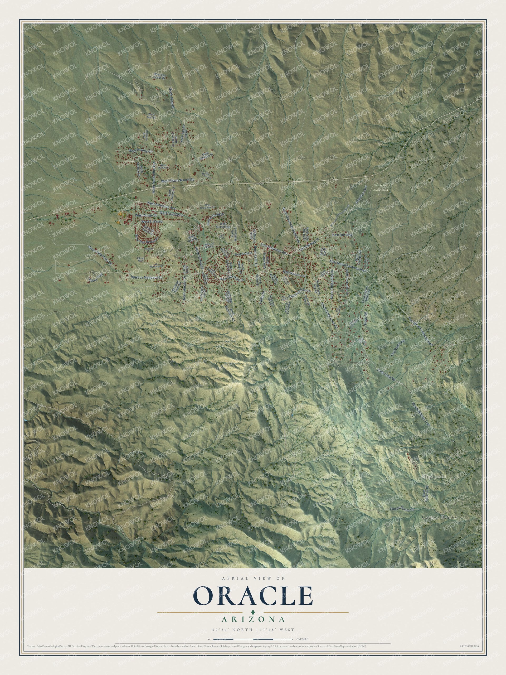 Full map of Oracle, Arizona, with red buildings, printed street names and the land around them