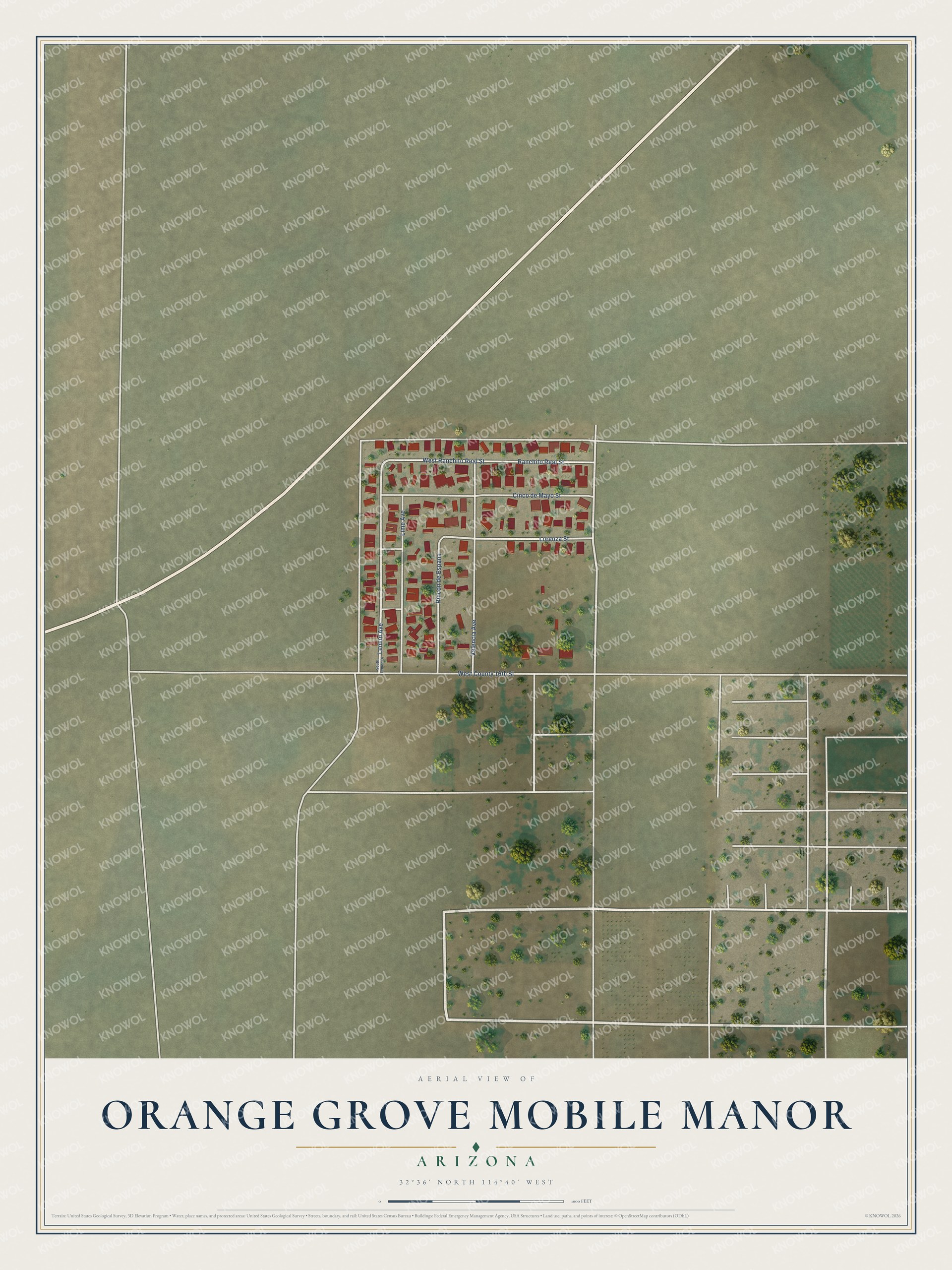 Full map of Orange Grove Mobile Manor, Arizona, with red buildings, printed street names and the land around them