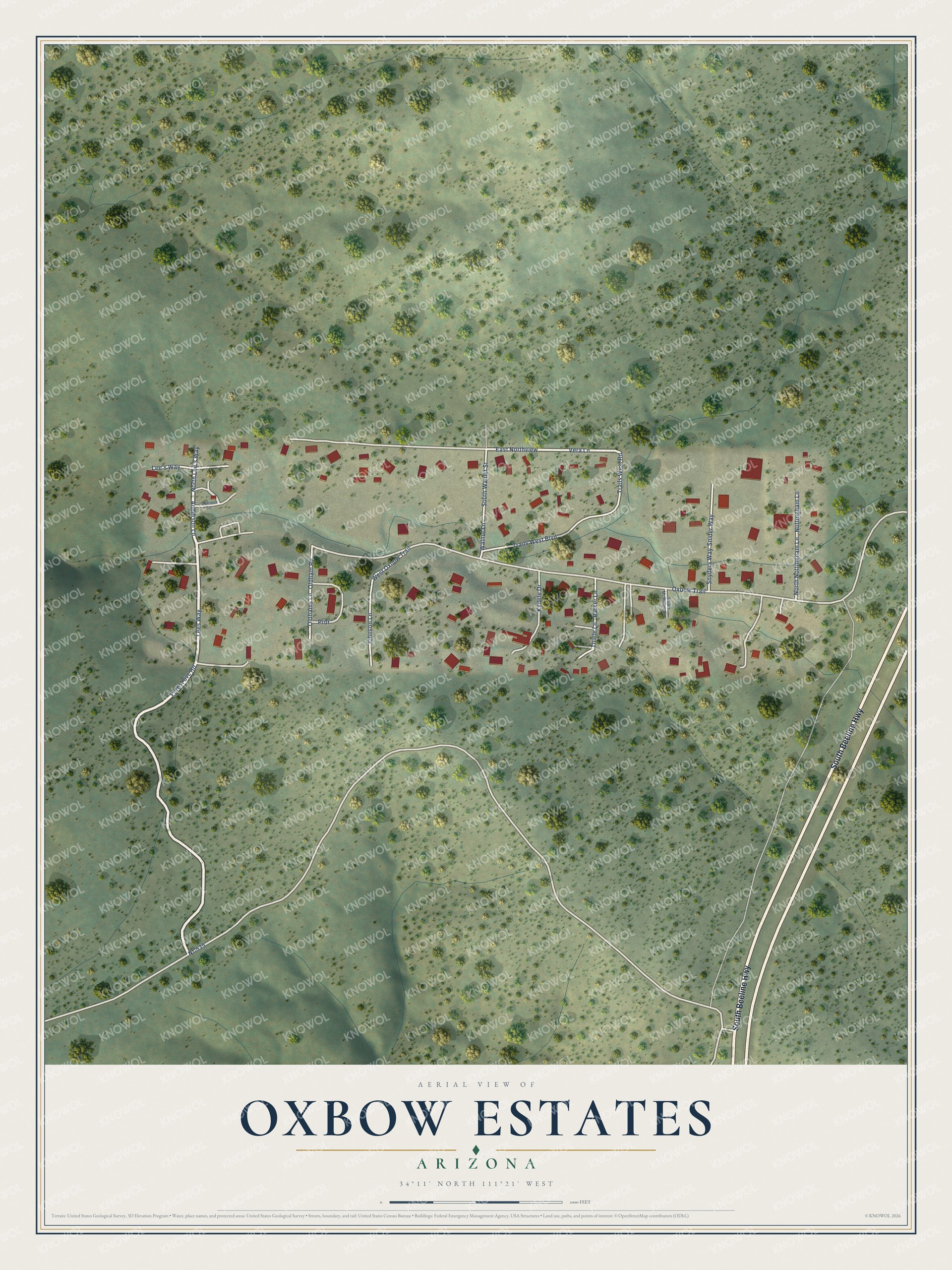 Full map of Oxbow Estates, Arizona, with red buildings, printed street names and the land around them