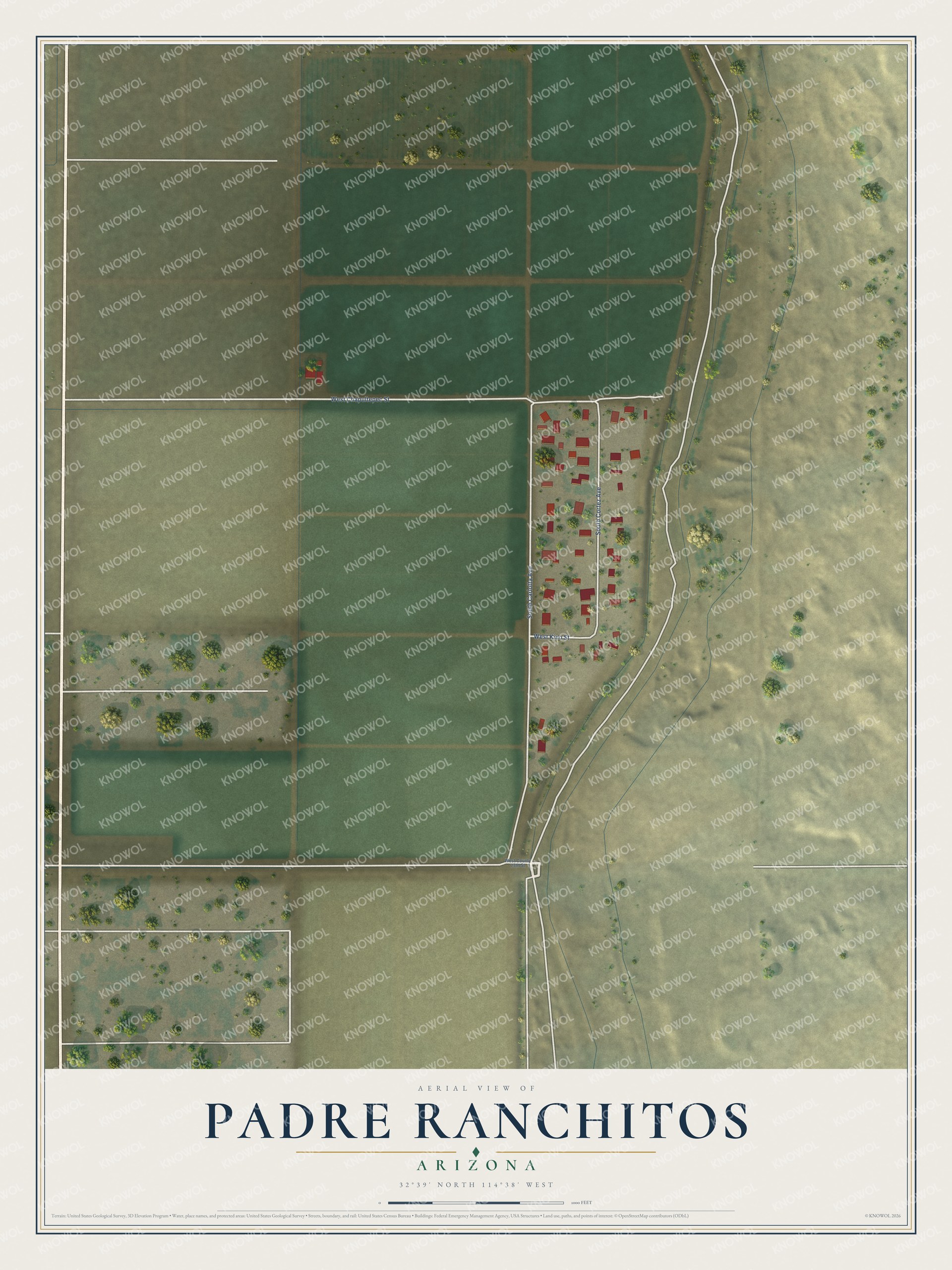 Full map of Padre Ranchitos, Arizona, with red buildings, printed street names and the land around them