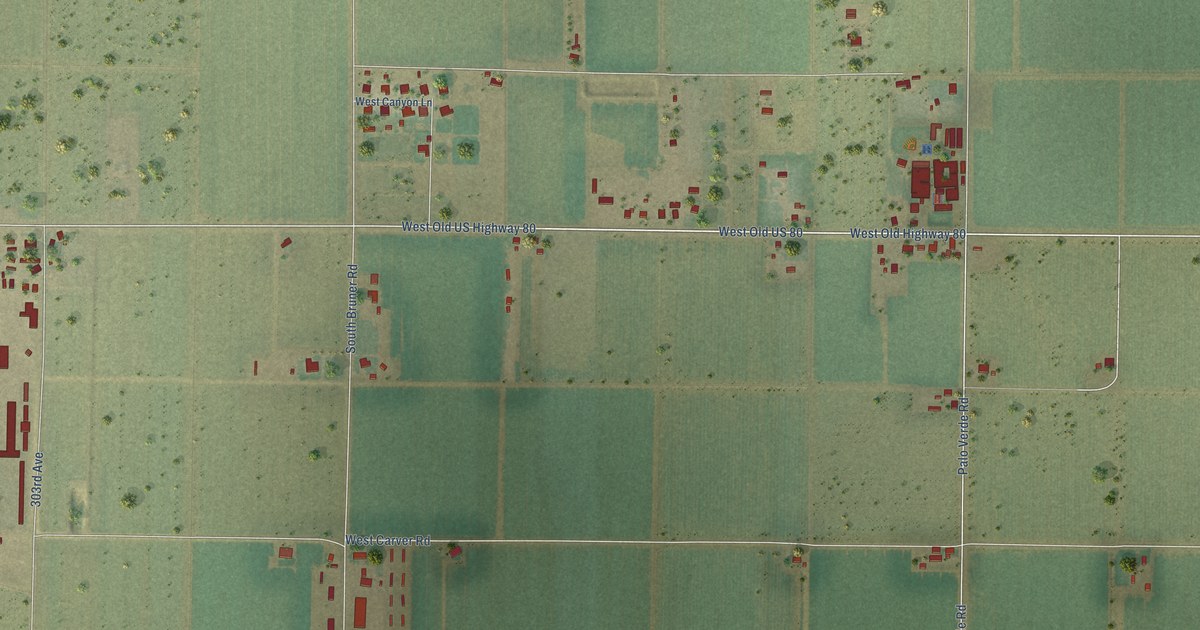 Close-up of streets and buildings in Palo Verde, Arizona