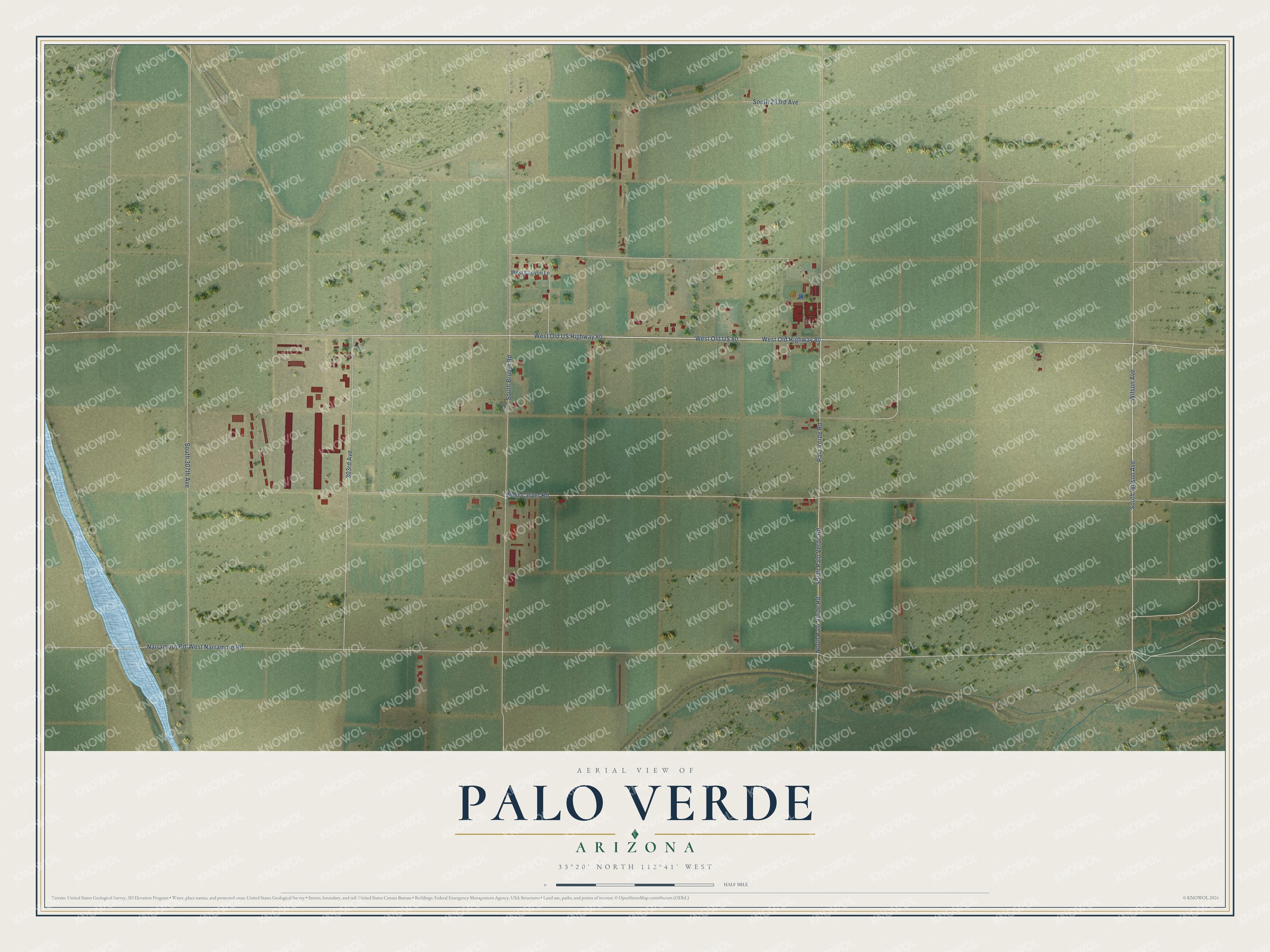 Full map of Palo Verde, Arizona, with red buildings, printed street names and the land around them