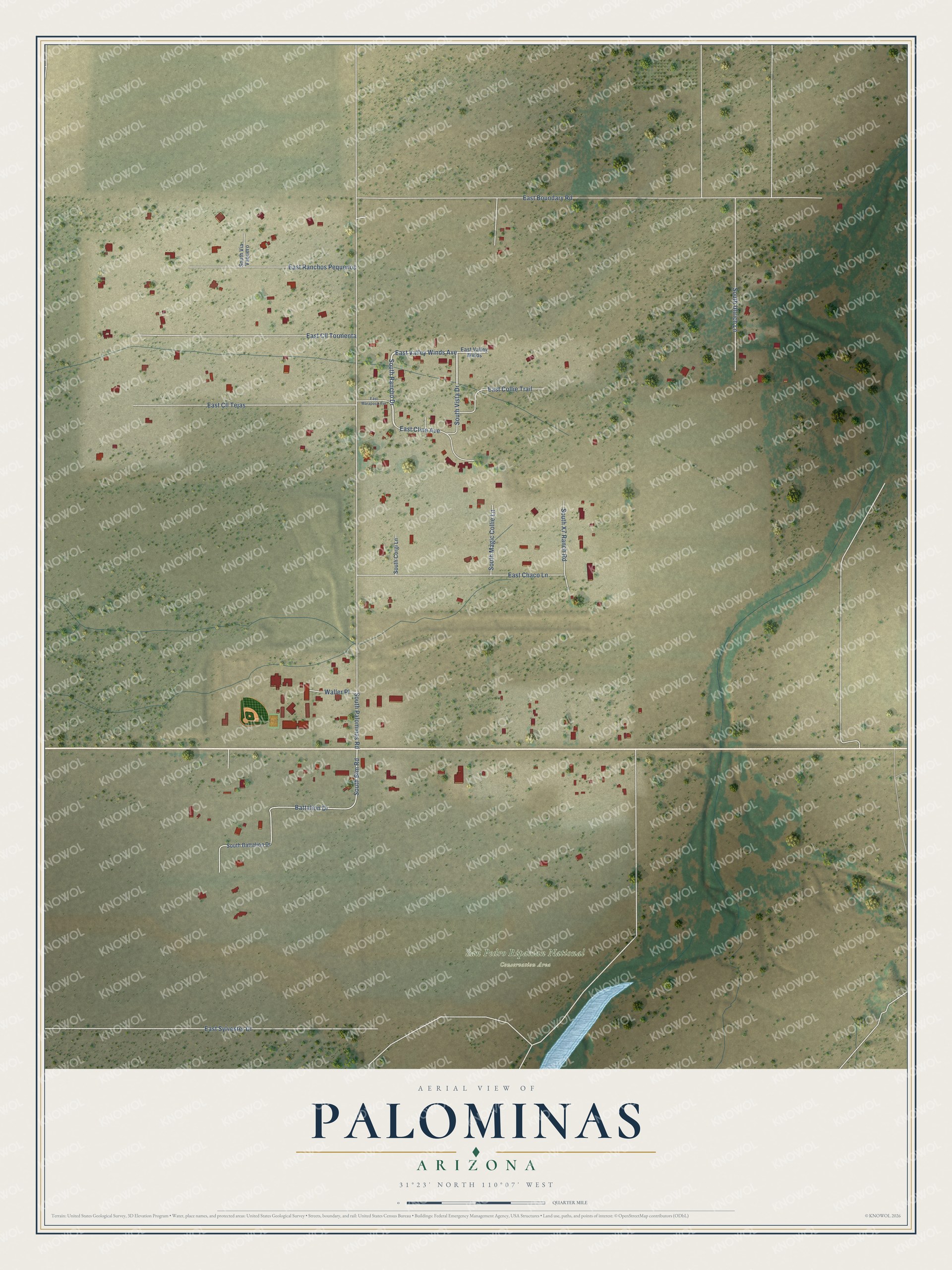 Full map of Palominas, Arizona, with red buildings, printed street names and the land around them