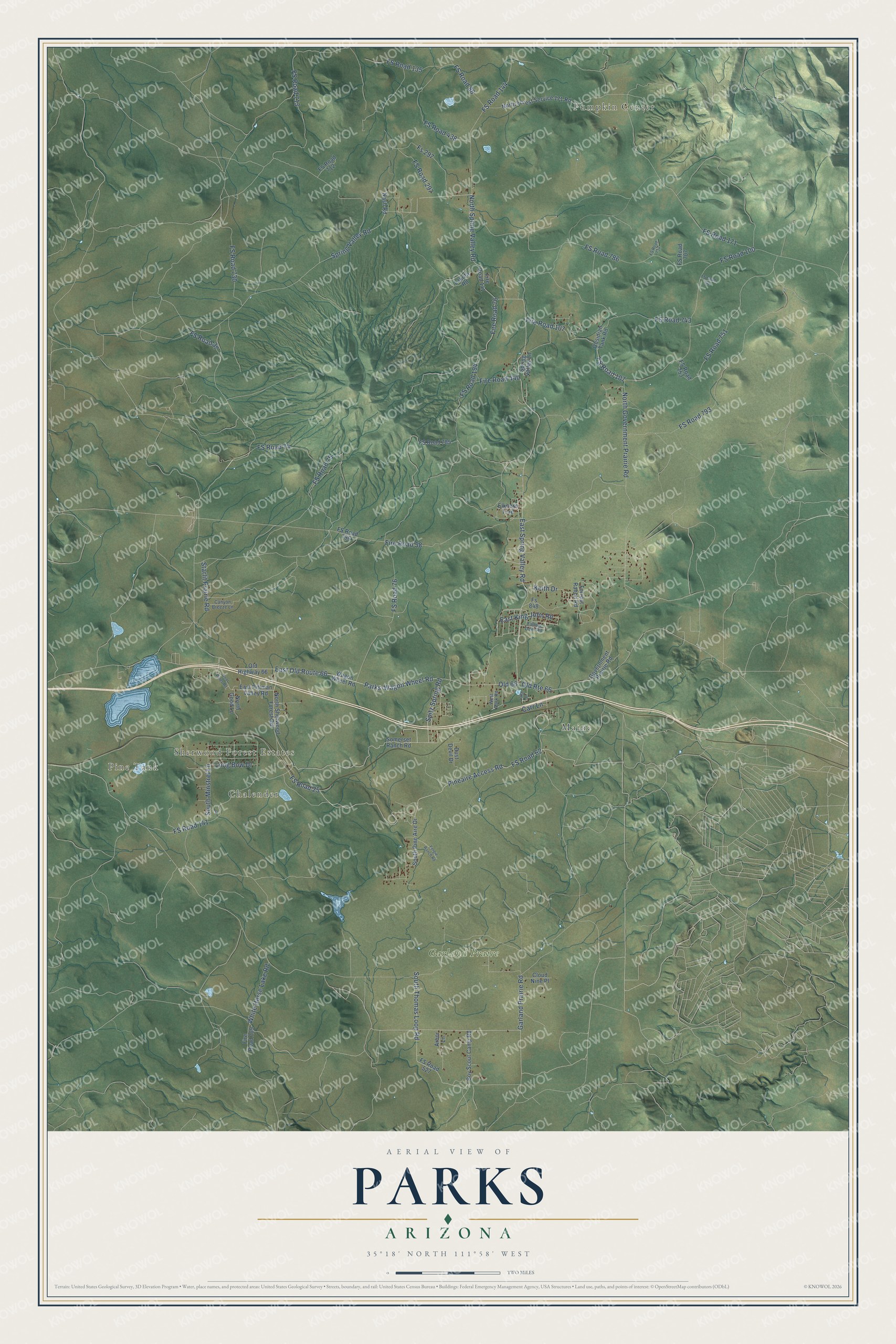 Full map of Parks, Arizona, with red buildings, printed street names and the land around them