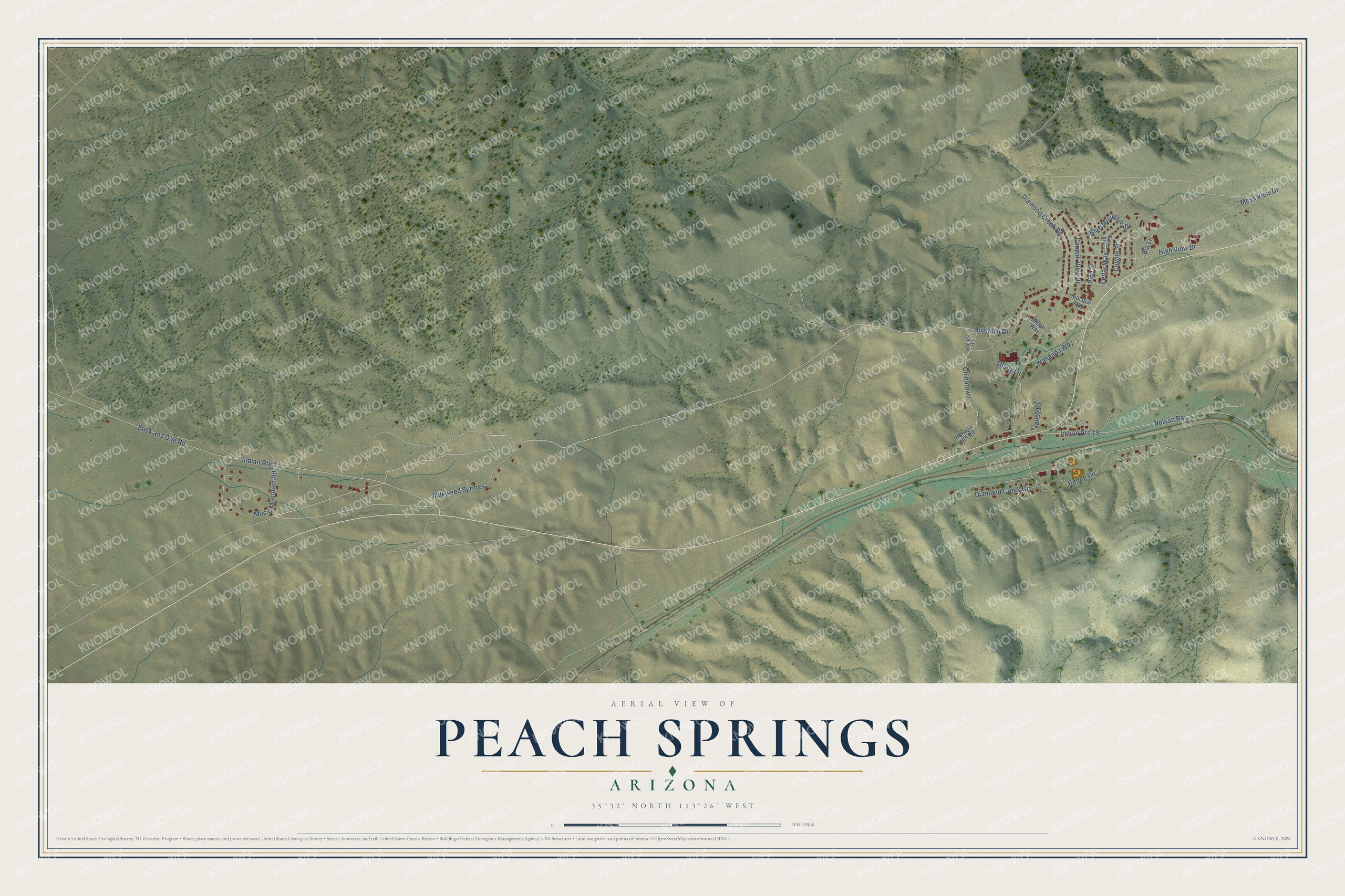 Full map of Peach Springs, Arizona, with red buildings, printed street names and the land around them