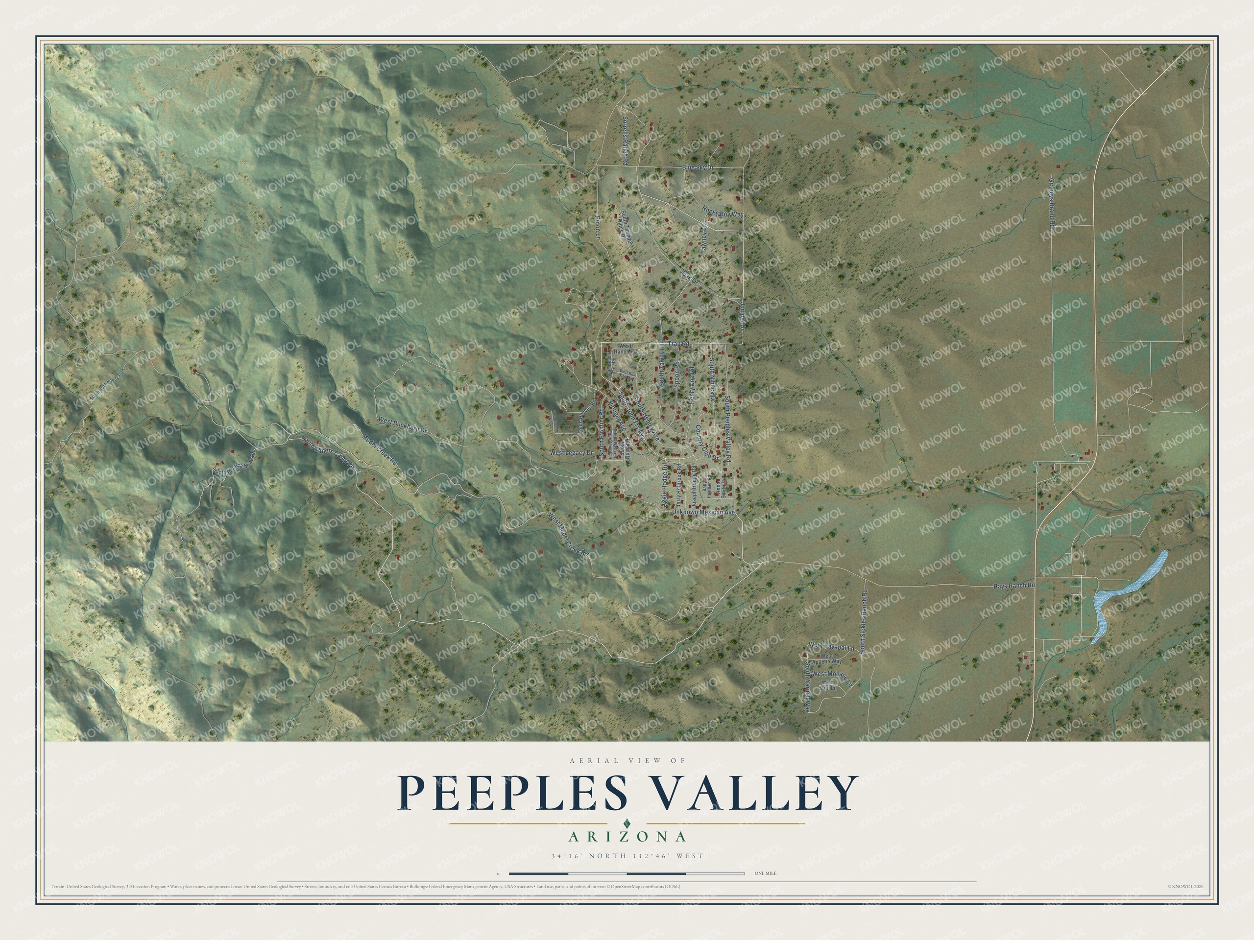 Full map of Peeples Valley, Arizona, with red buildings, printed street names and the land around them