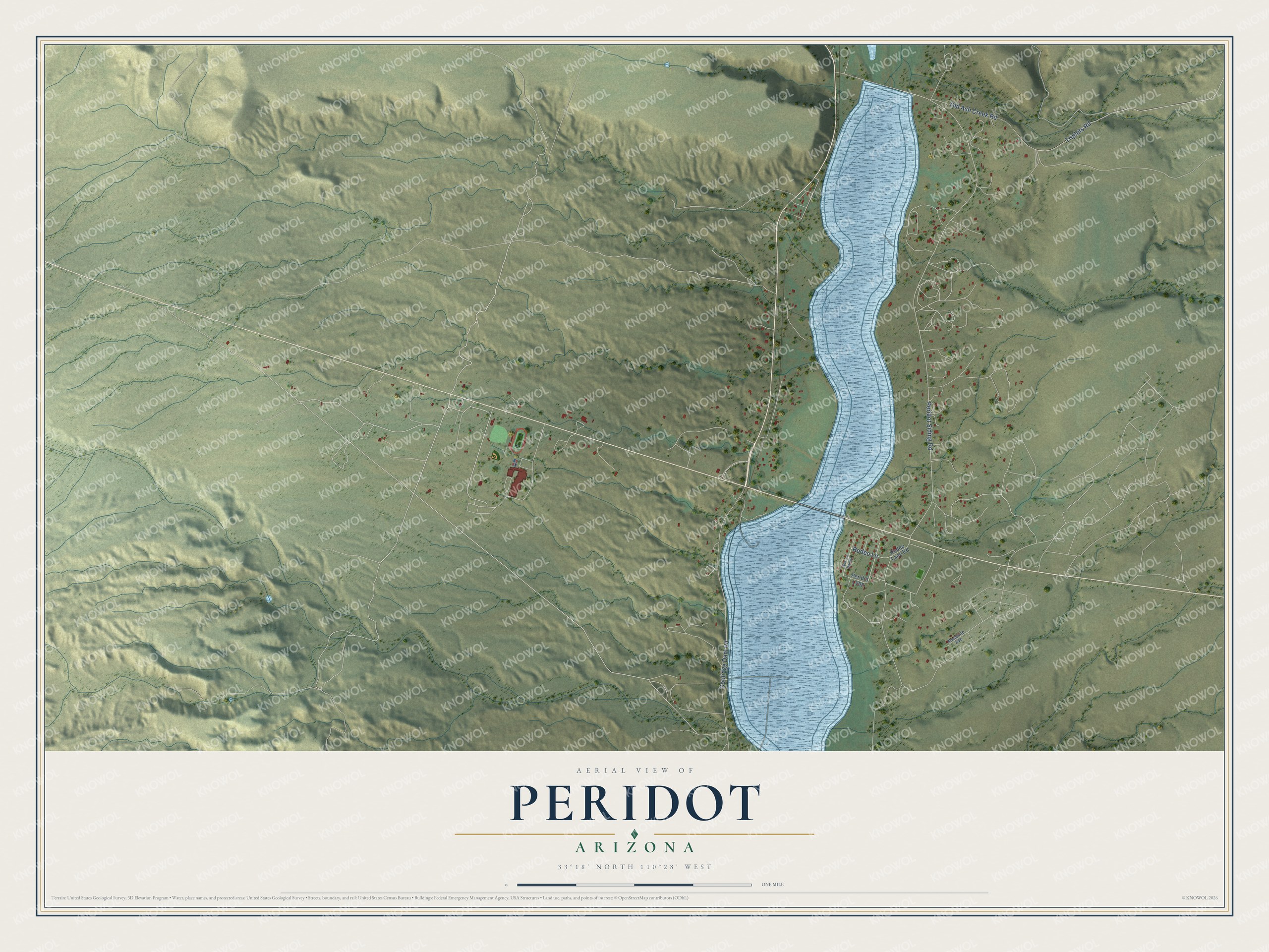 Full map of Peridot, Arizona, with red buildings, printed street names and the land around them