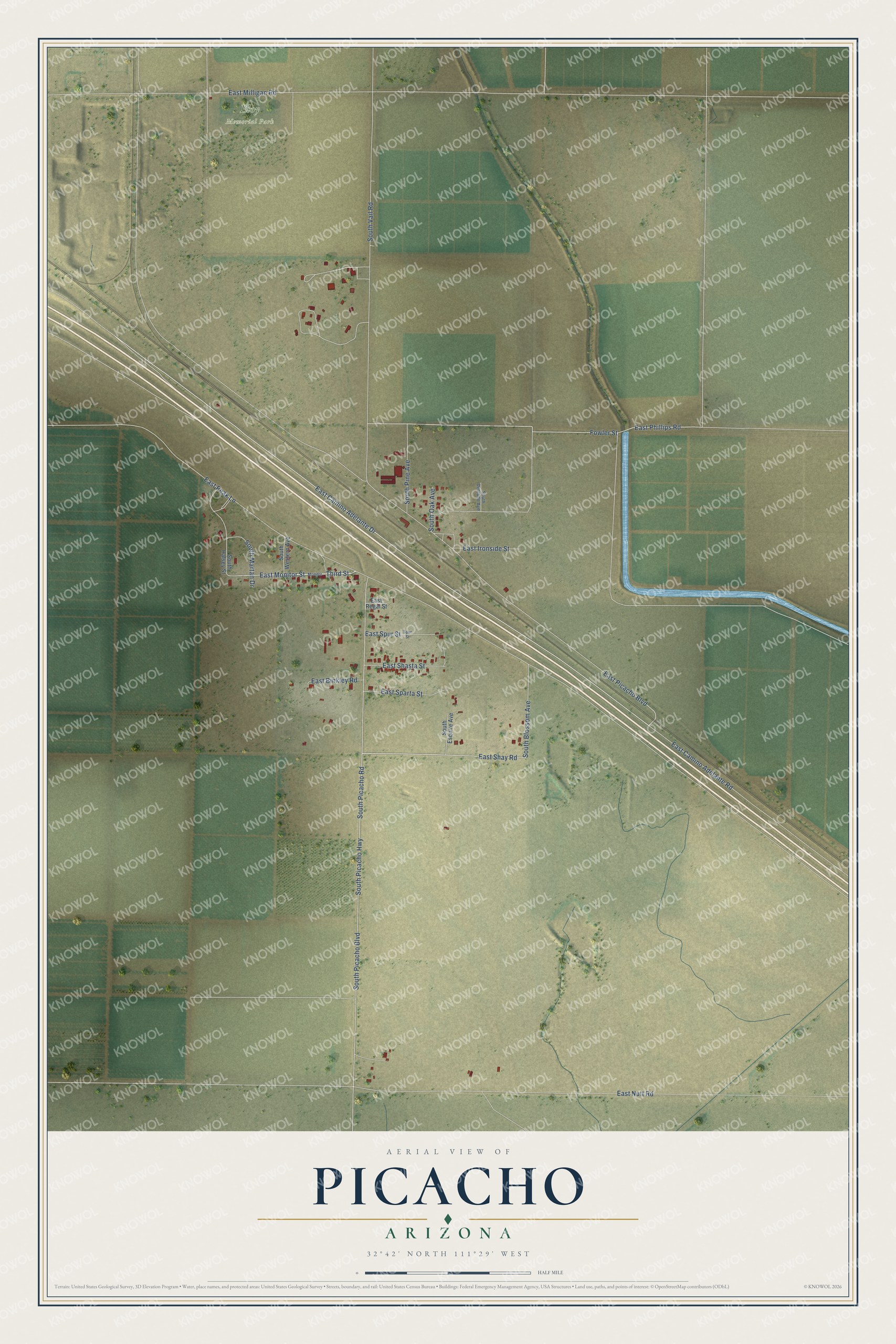 Full map of Picacho, Arizona, with red buildings, printed street names and the land around them