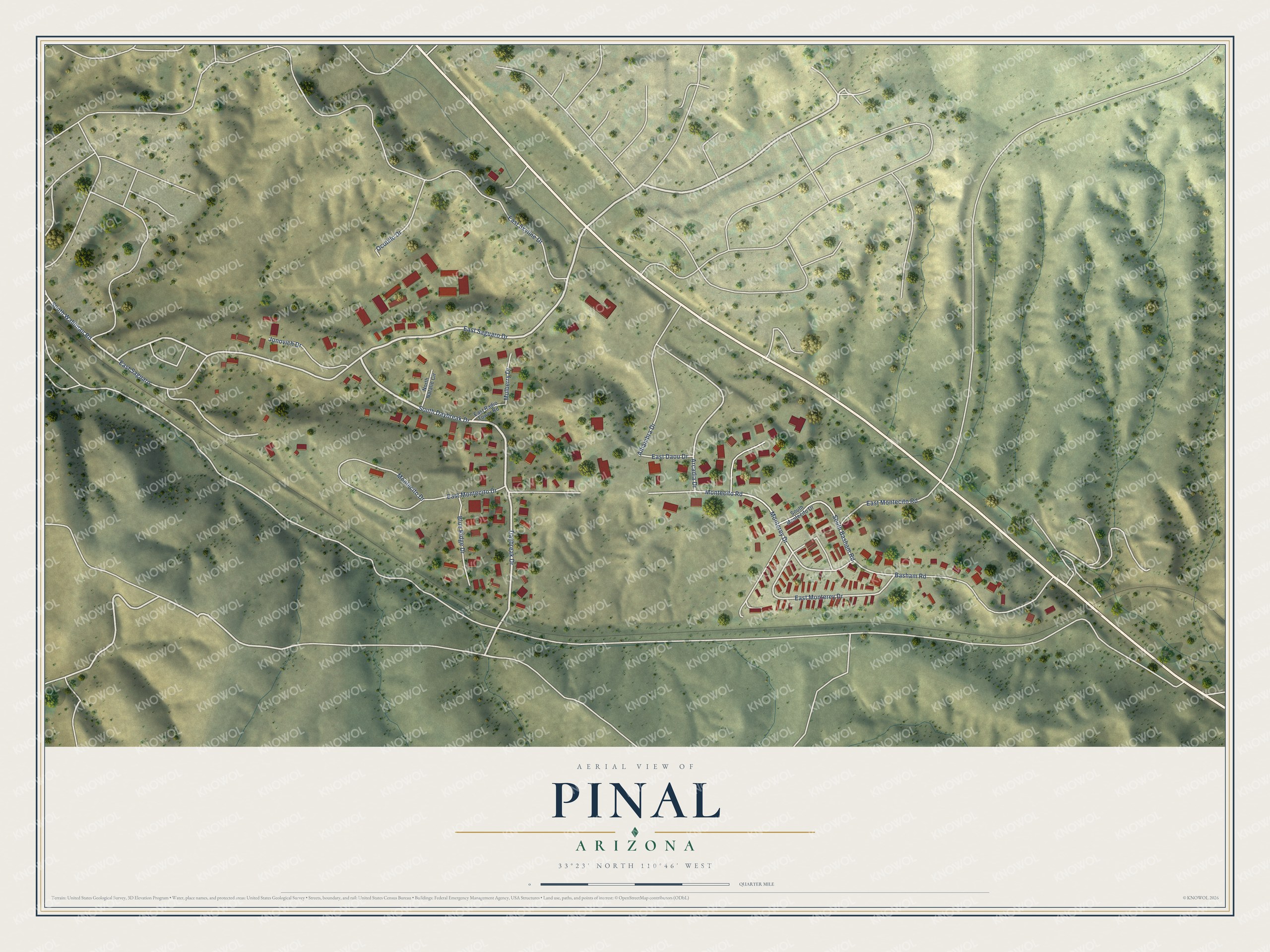 Full map of Pinal, Arizona, with red buildings, printed street names and the land around them