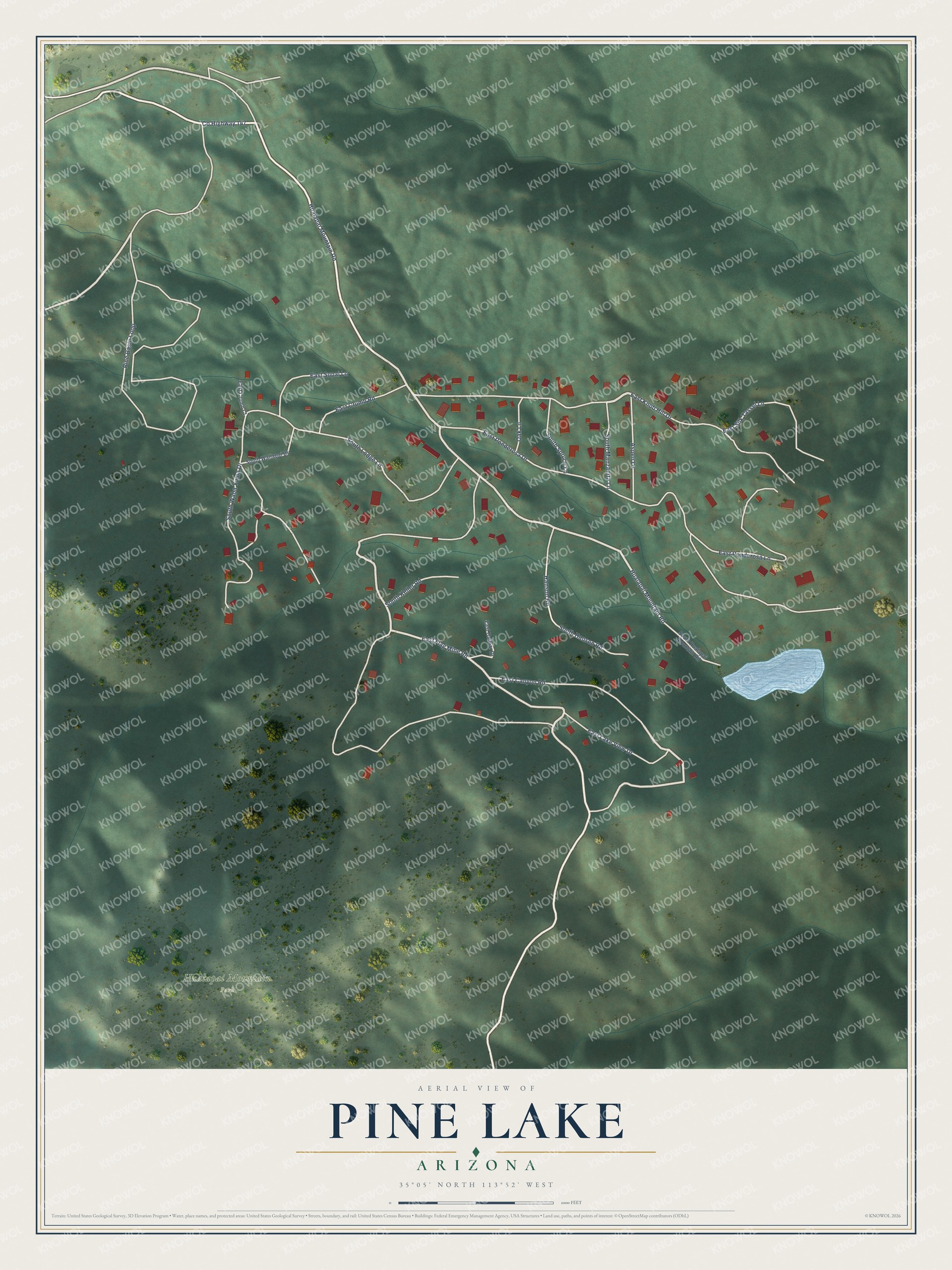 Full map of Pine Lake, Arizona, with red buildings, printed street names and the land around them