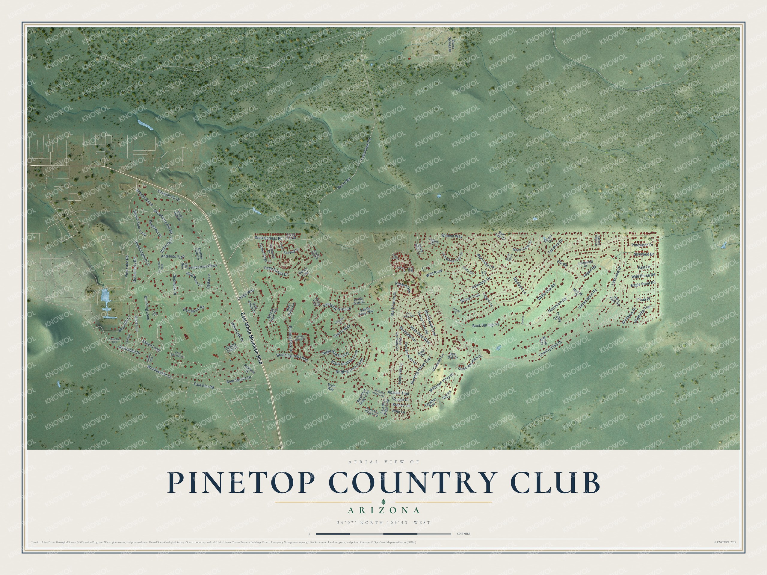 Full map of Pinetop Country Club, Arizona, with red buildings, printed street names and the land around them