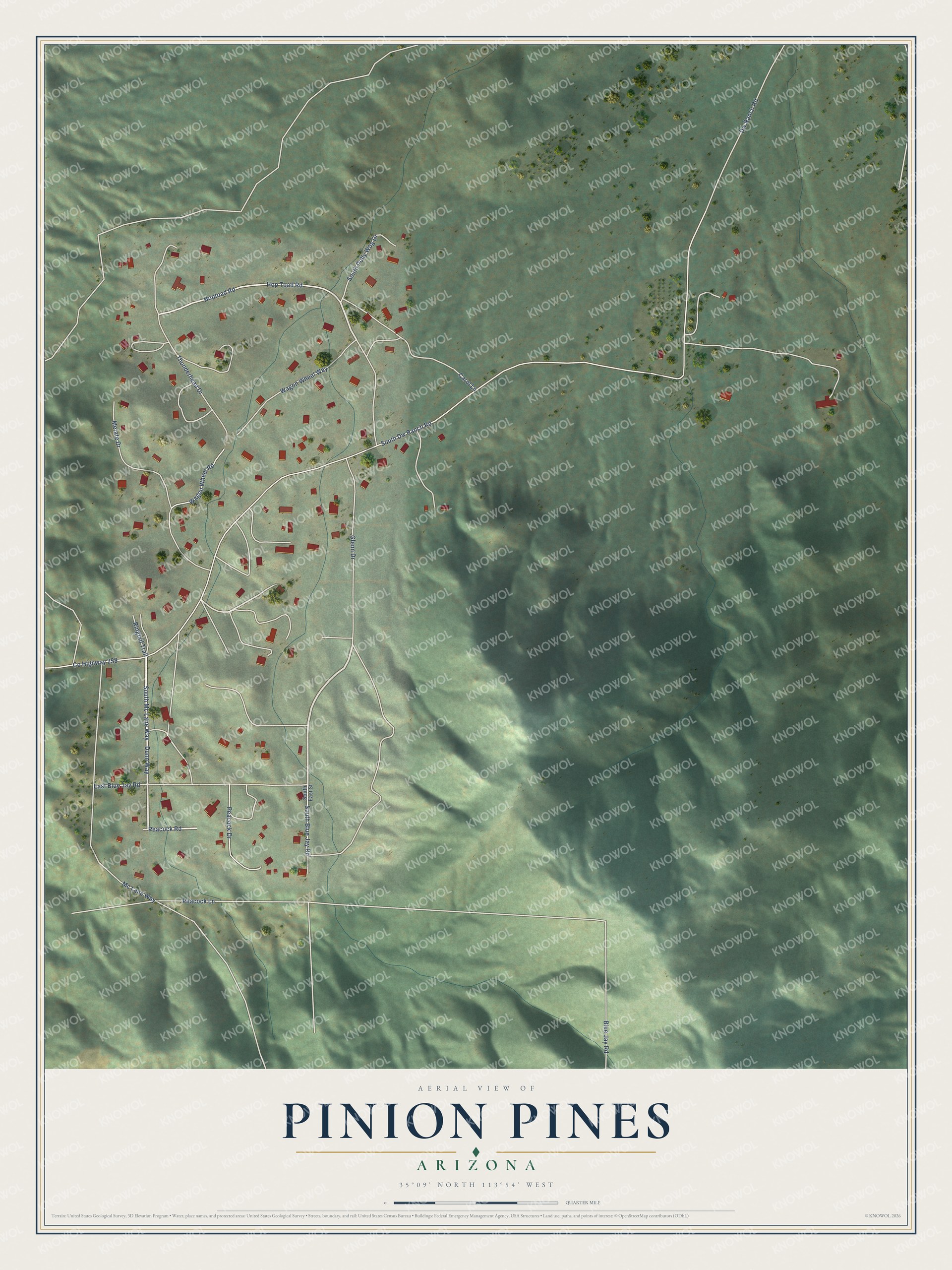 Full map of Pinion Pines, Arizona, with red buildings, printed street names and the land around them