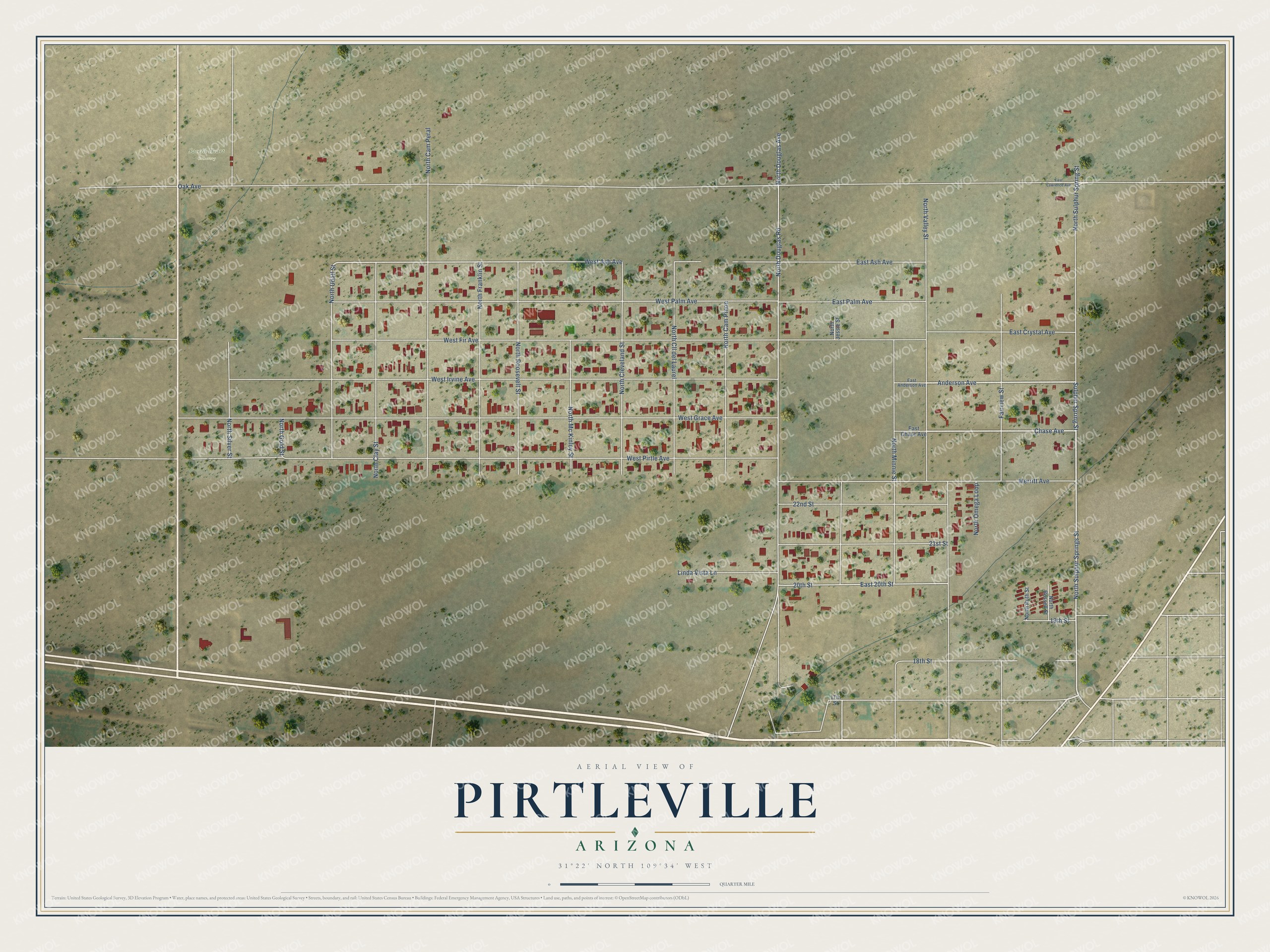 Full map of Pirtleville, Arizona, with red buildings, printed street names and the land around them