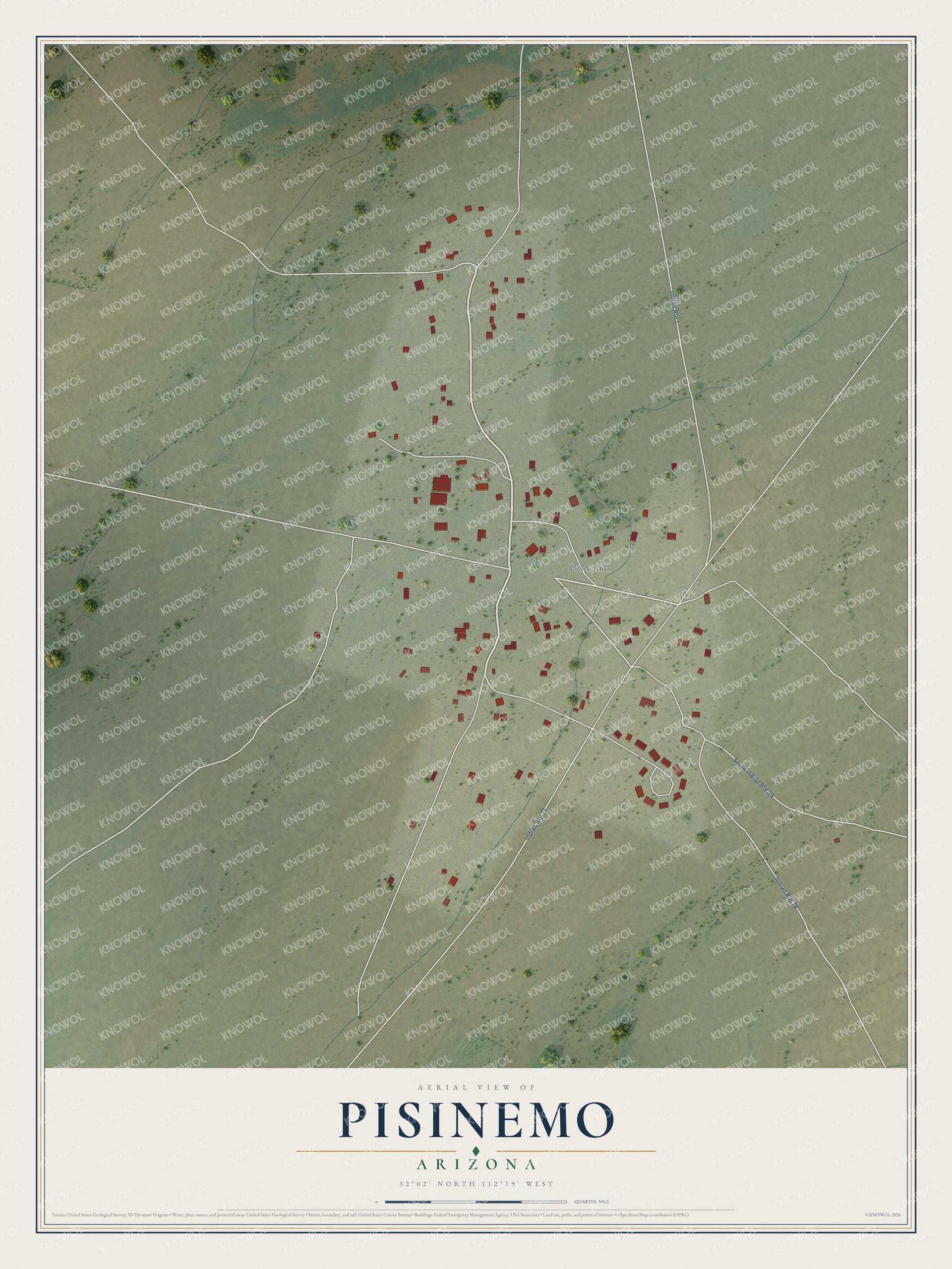 Full map of Pisinemo, Arizona, with red buildings, printed street names and the land around them