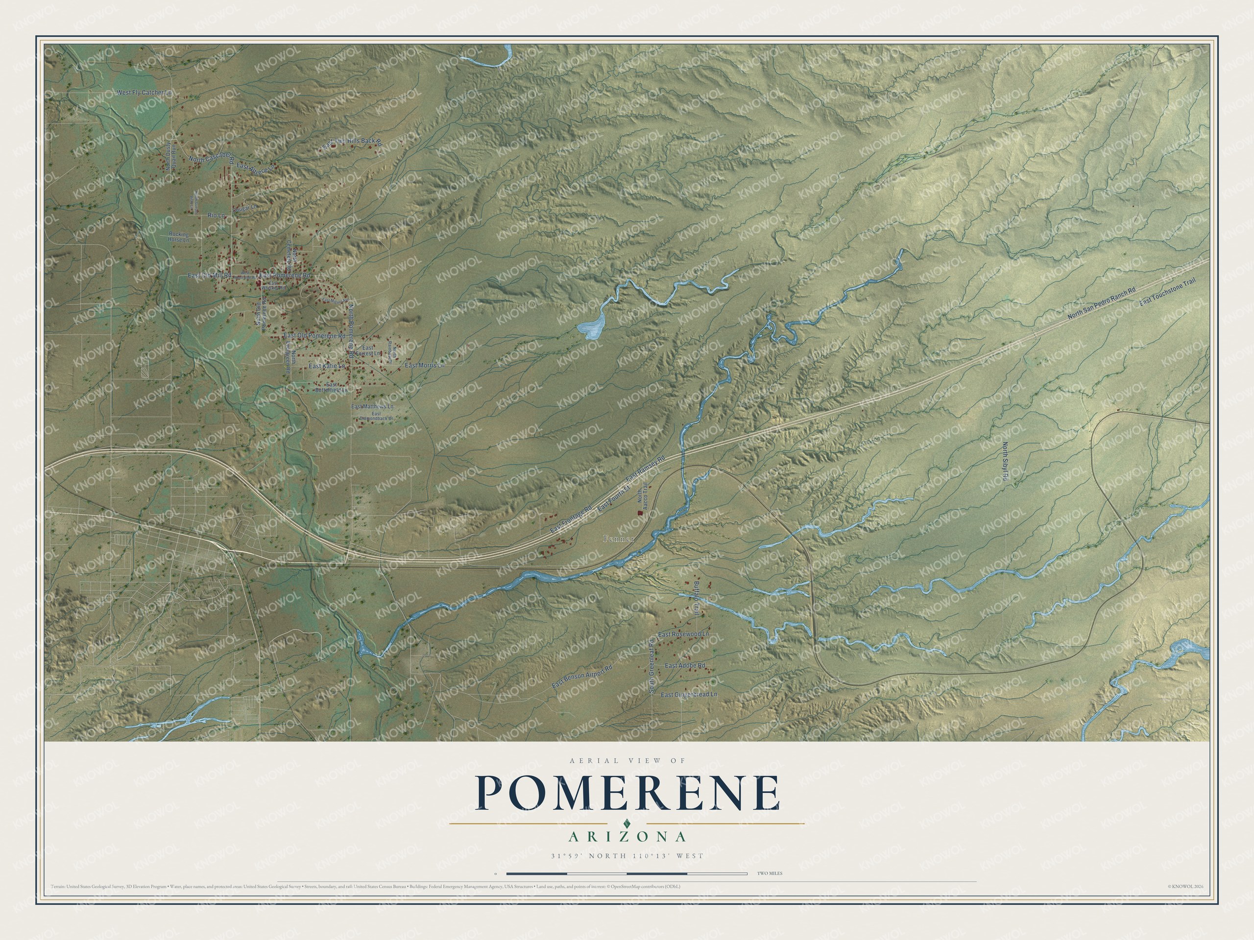Full map of Pomerene, Arizona, with red buildings, printed street names and the land around them