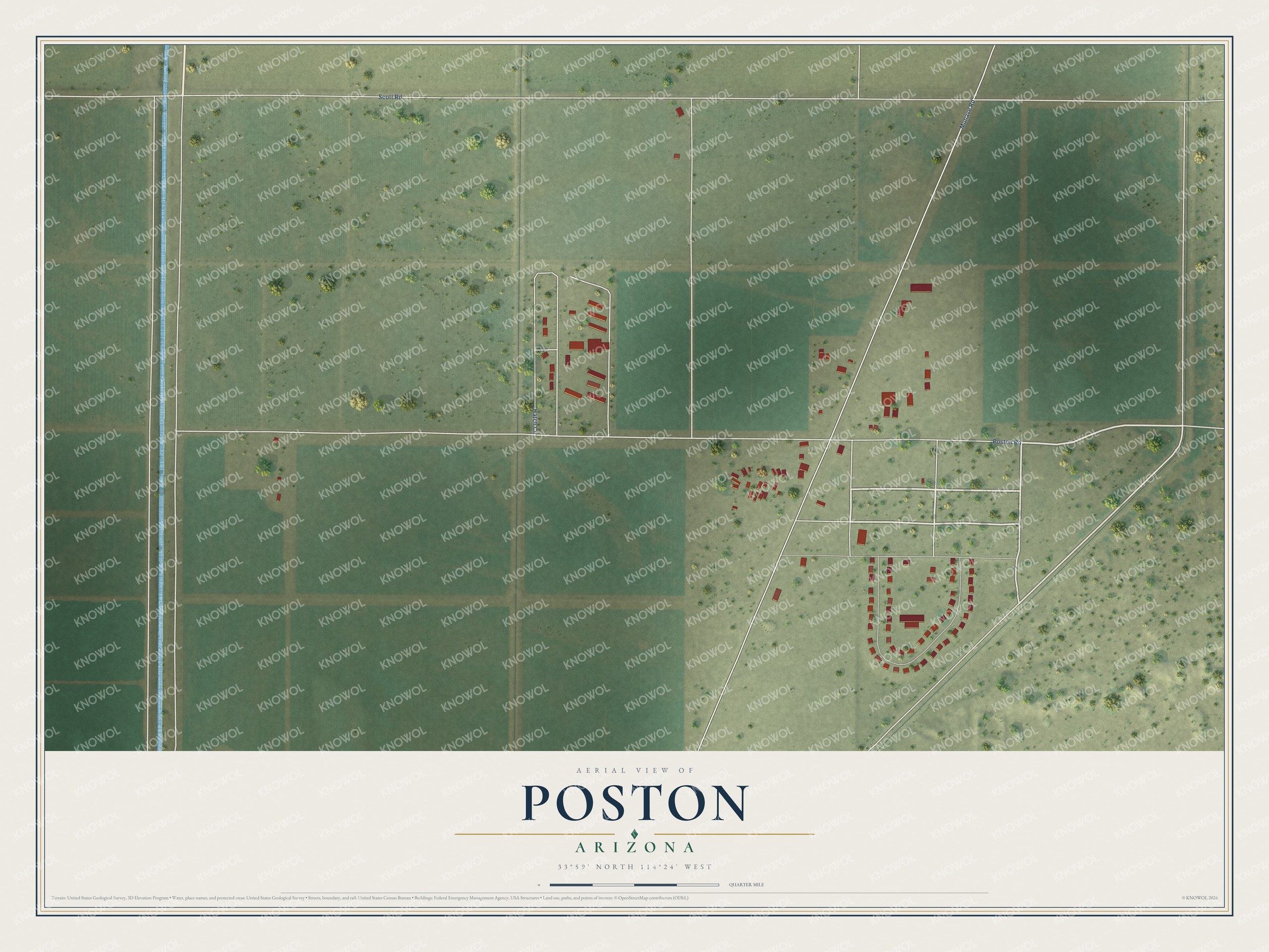 Full map of Poston, Arizona, with red buildings, printed street names and the land around them