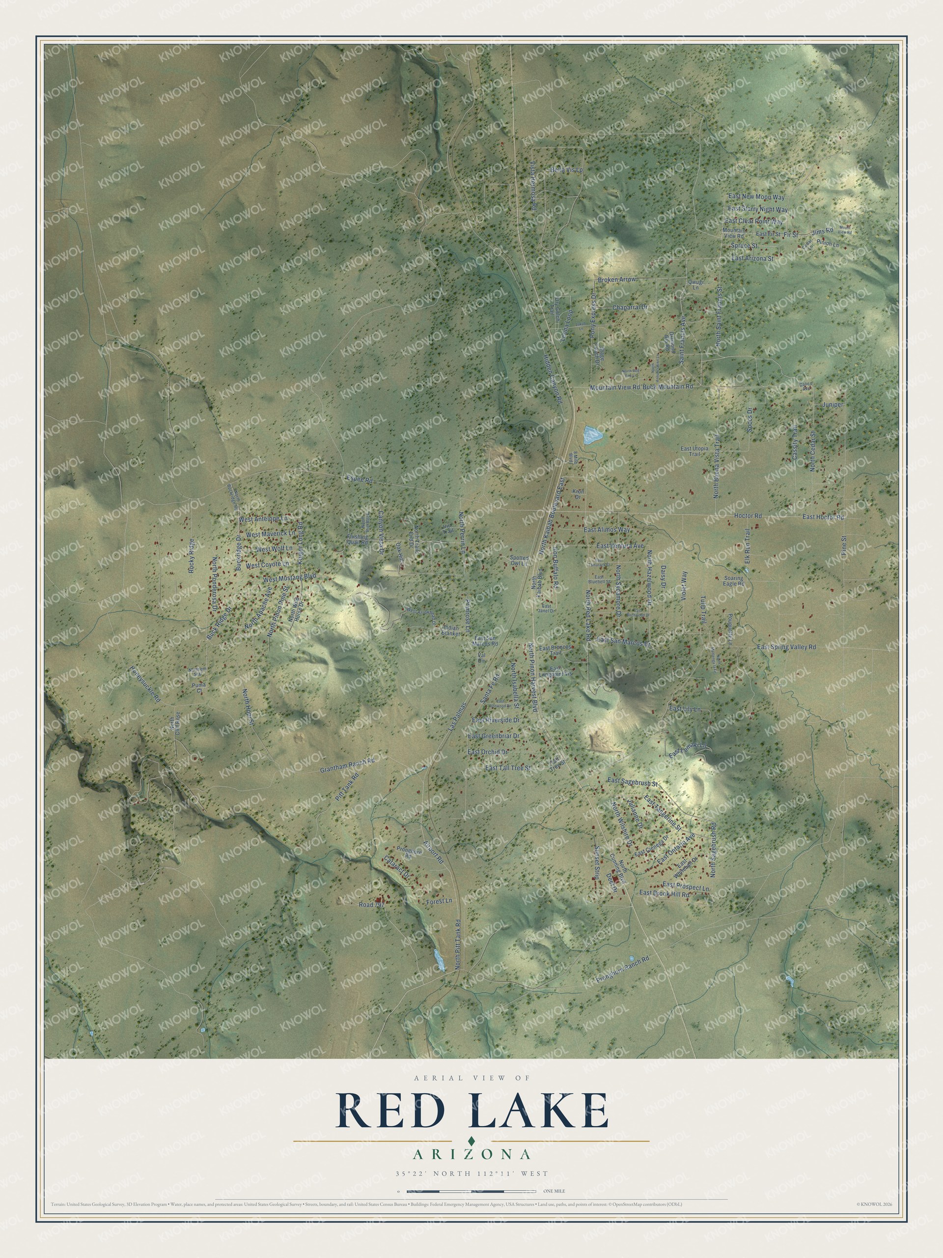 Full map of Red Lake, Arizona, with red buildings, printed street names and the land around them