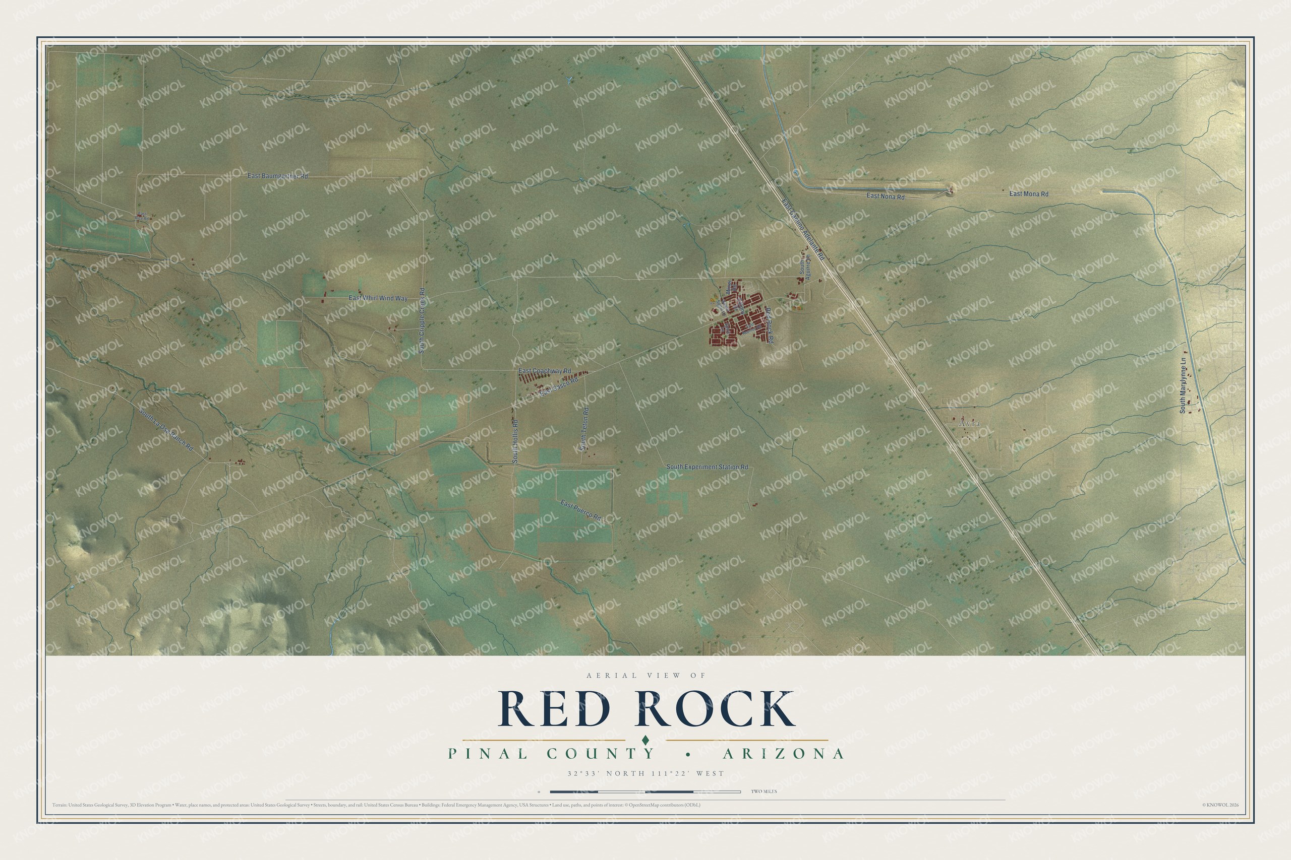 Full map of Red Rock, Arizona, with red buildings, printed street names and the land around them