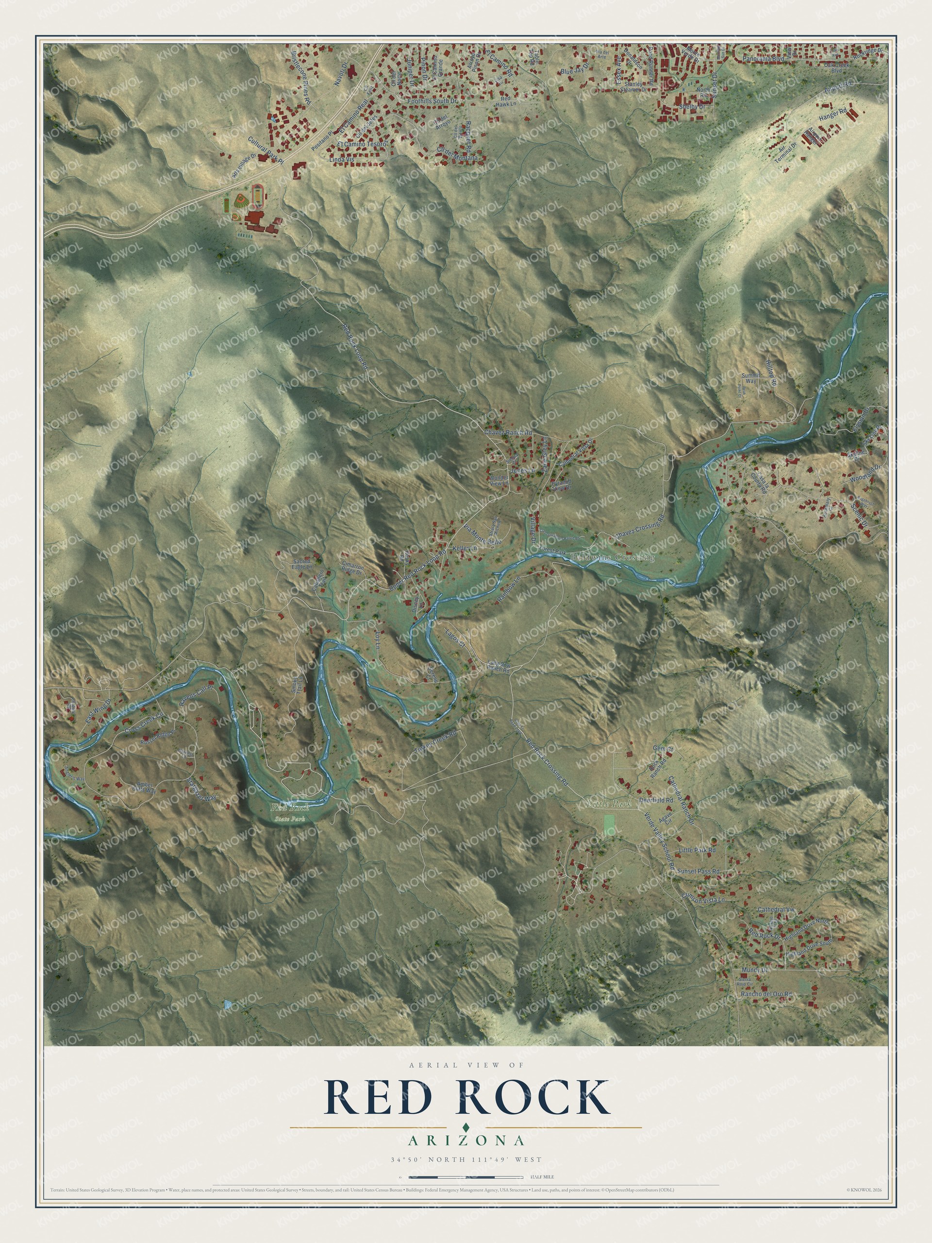 Full map of Red Rock, Arizona, with red buildings, printed street names and the land around them