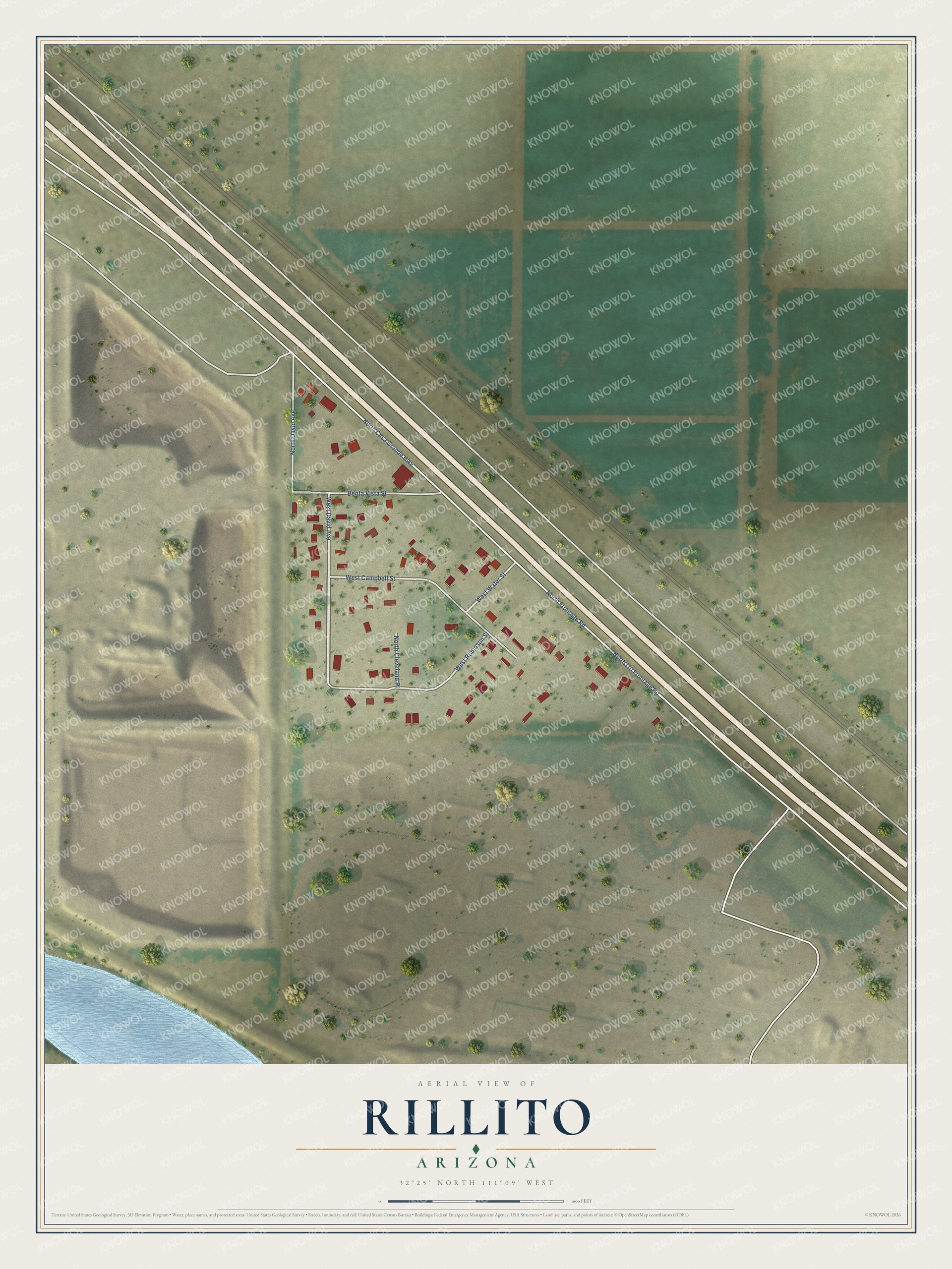 Full map of Rillito, Arizona, with red buildings, printed street names and the land around them