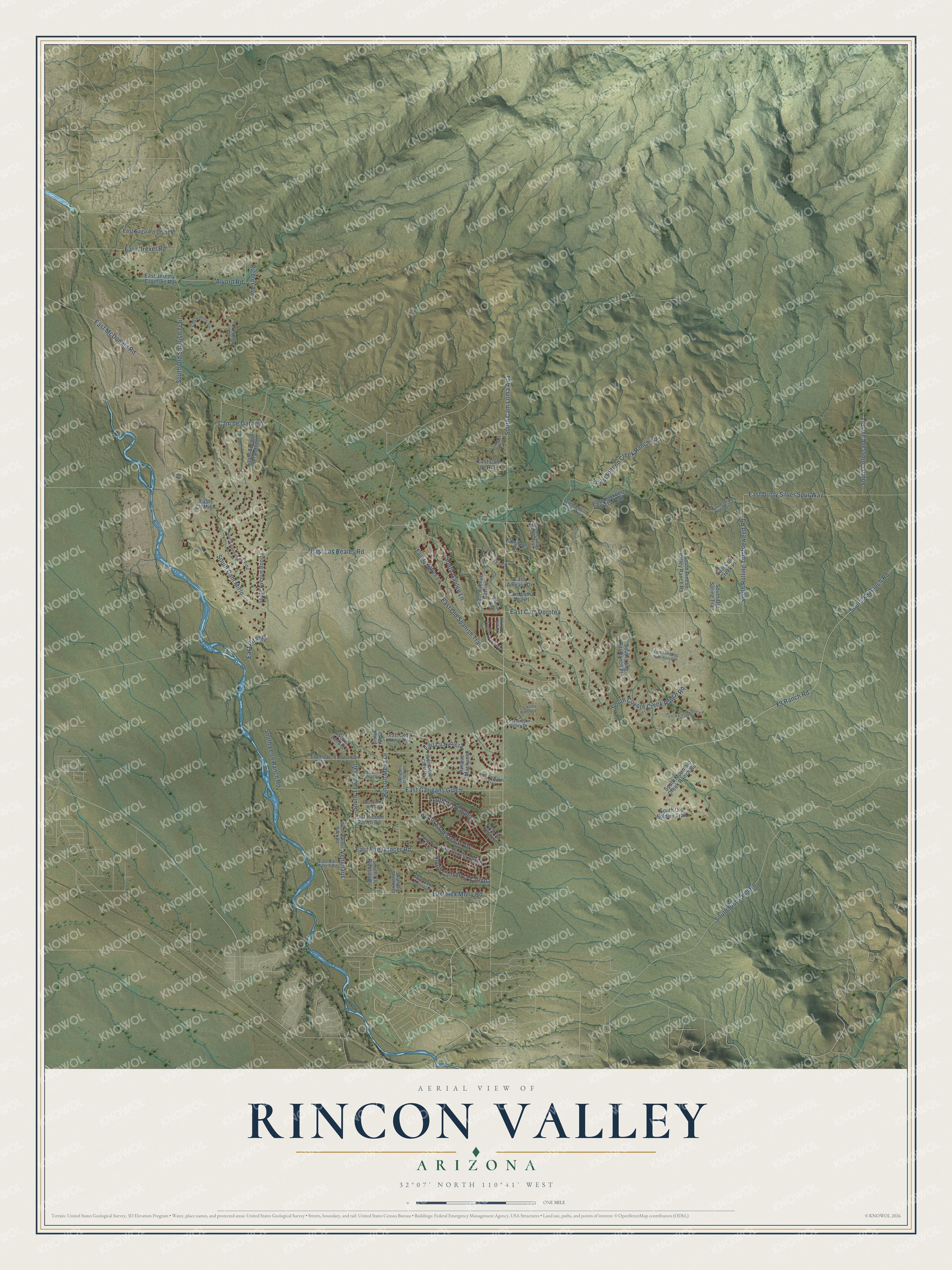 Full map of Rincon Valley, Arizona, with red buildings, printed street names and the land around them