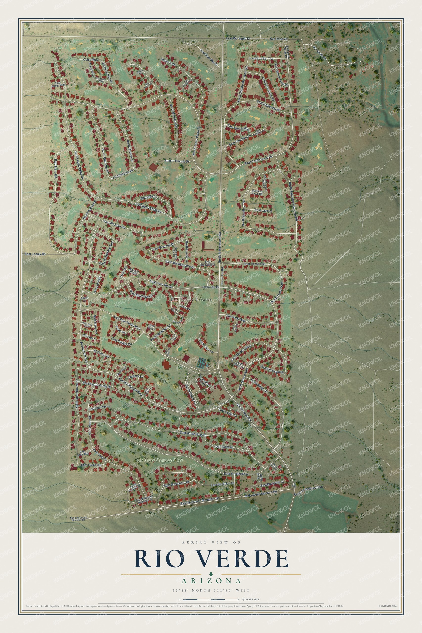 Full map of Rio Verde, Arizona, with red buildings, printed street names and the land around them
