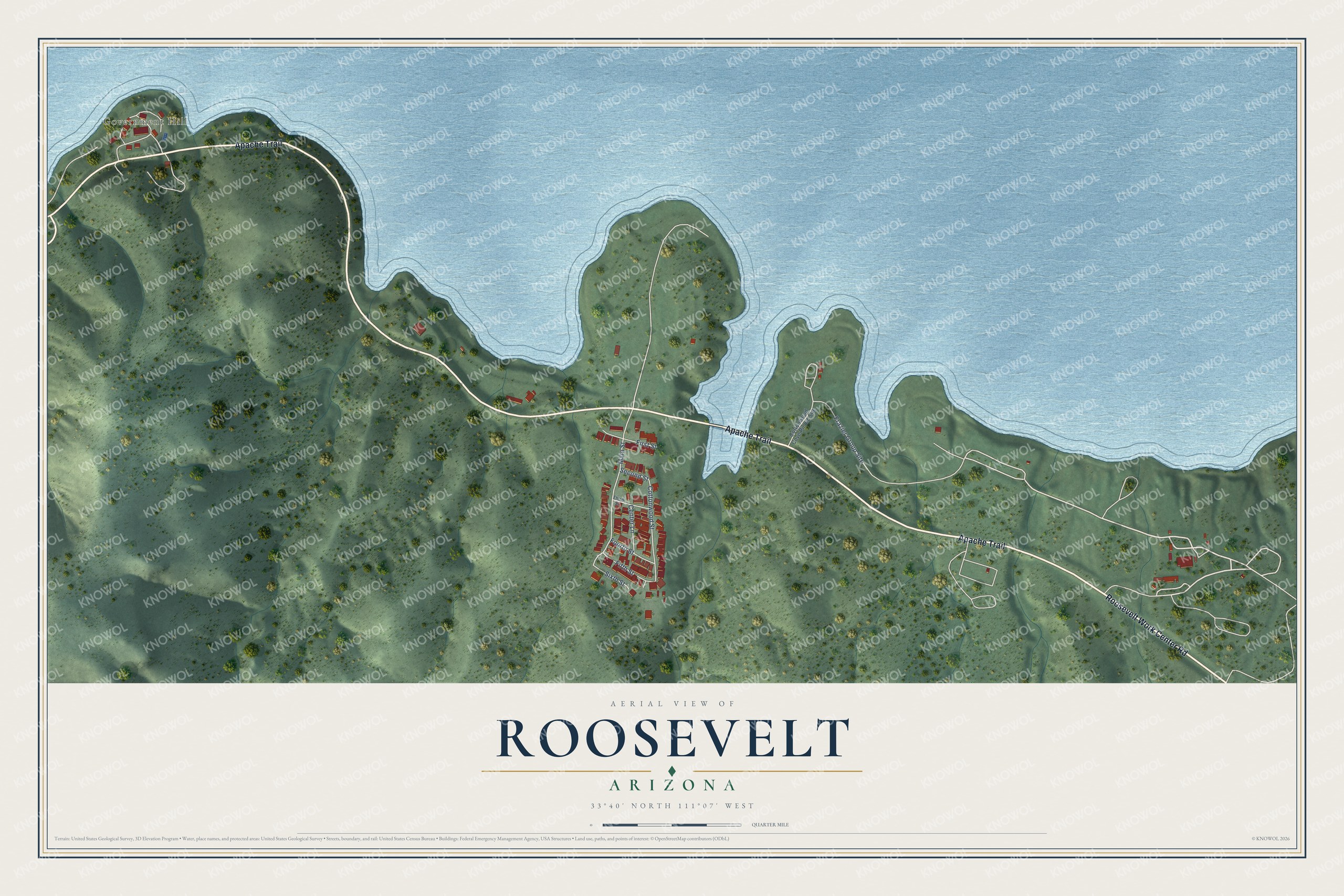 Full map of Roosevelt, Arizona, with red buildings, printed street names and the land around them