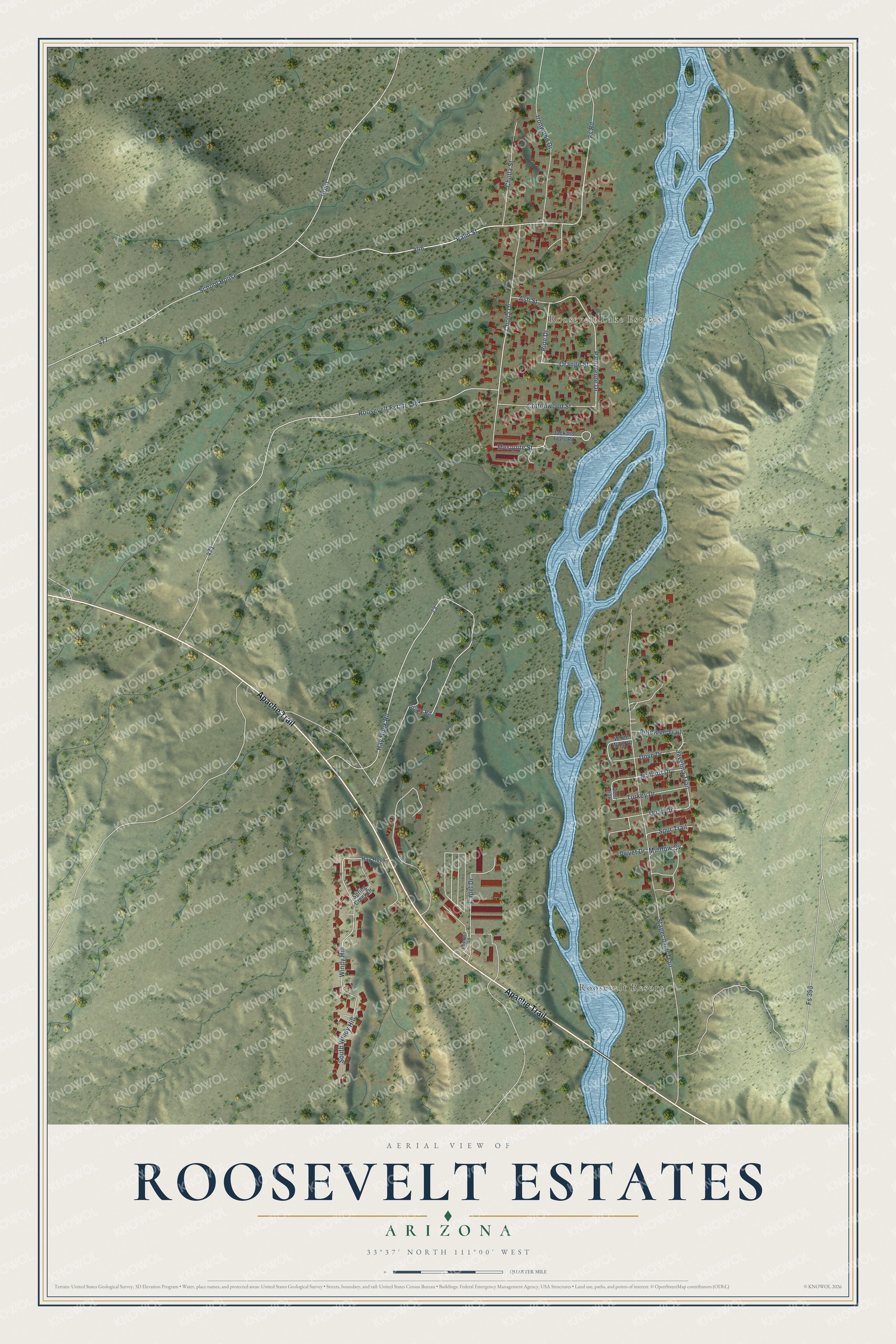 Full map of Roosevelt Estates, Arizona, with red buildings, printed street names and the land around them