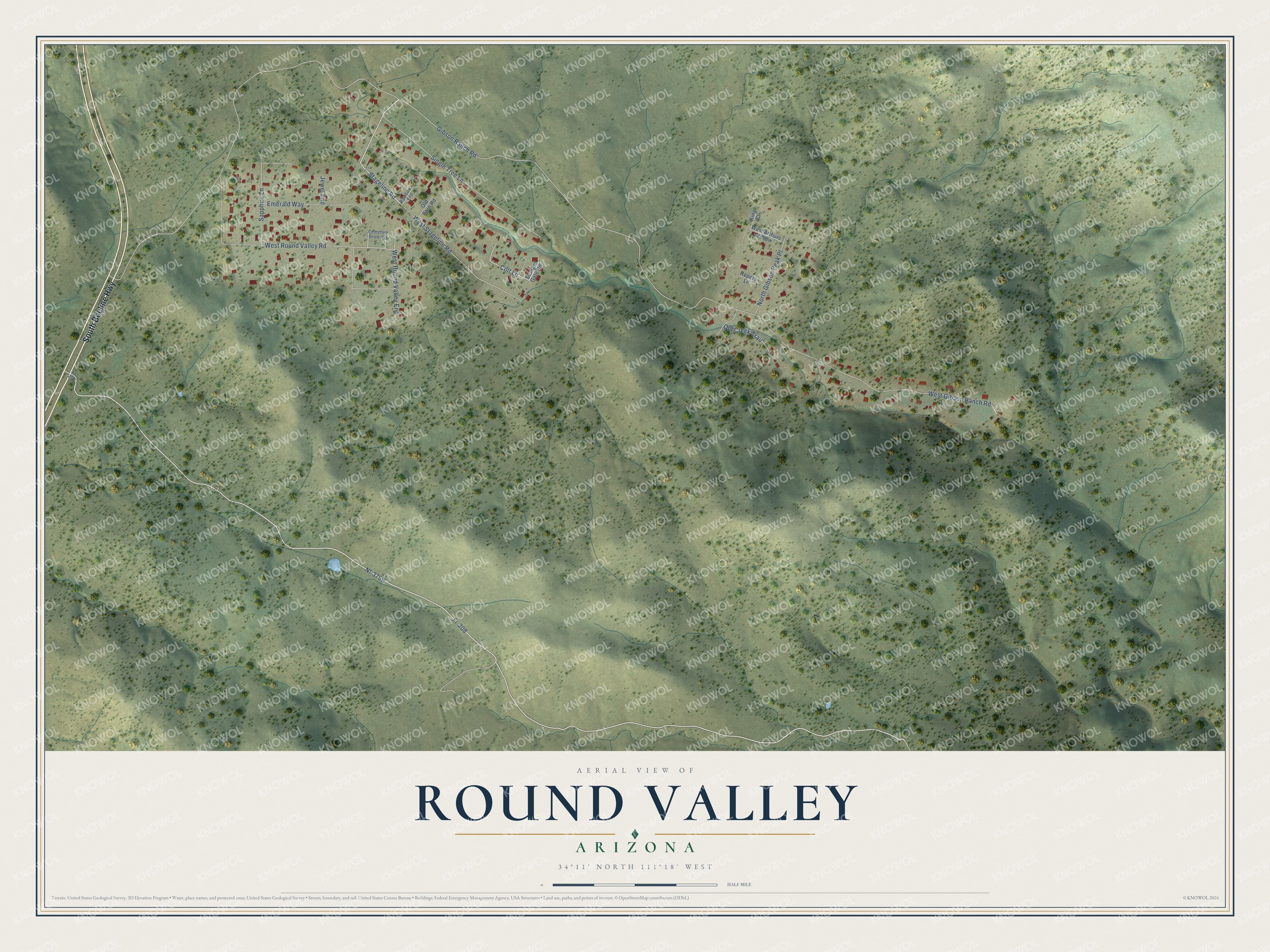 Full map of Round Valley, Arizona, with red buildings, printed street names and the land around them