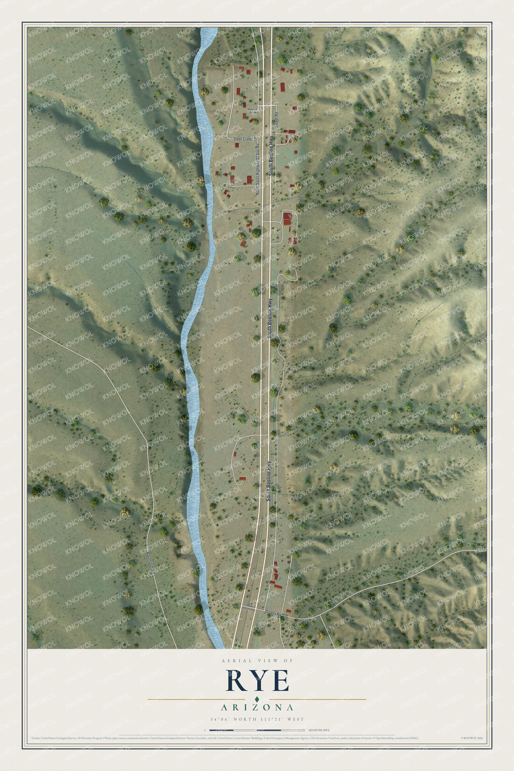 Full map of Rye, Arizona, with red buildings, printed street names and the land around them