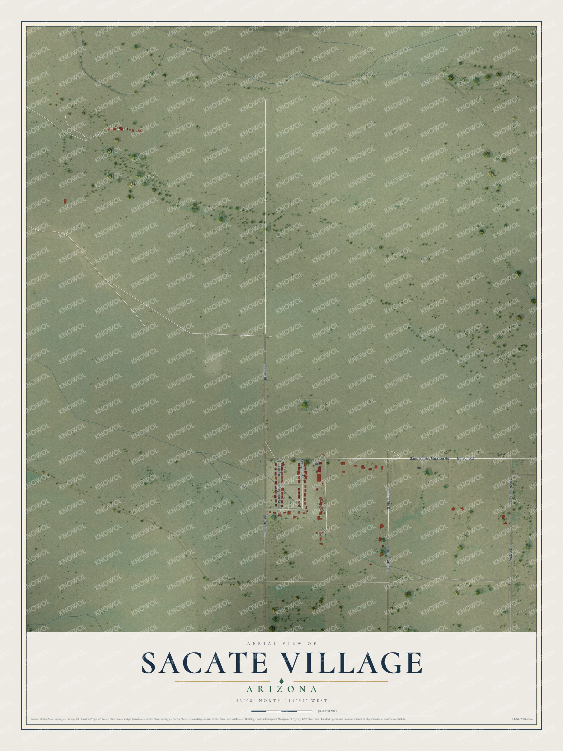 Full map of Sacate Village, Arizona, with red buildings, printed street names and the land around them